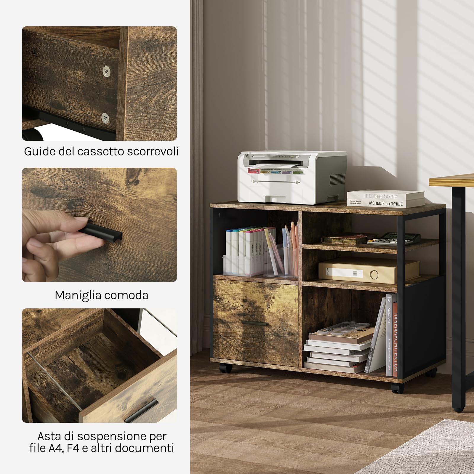 WOLTU Schedario da Ufficio con 4 Scomparti a Giorno, Mobile da Ufficio per Documenti con Ruote, Mobile Vintage per Stampante con 1 Cassetto, in Legno e Metallo, Marrone Rustico e Nero, ASK05hov