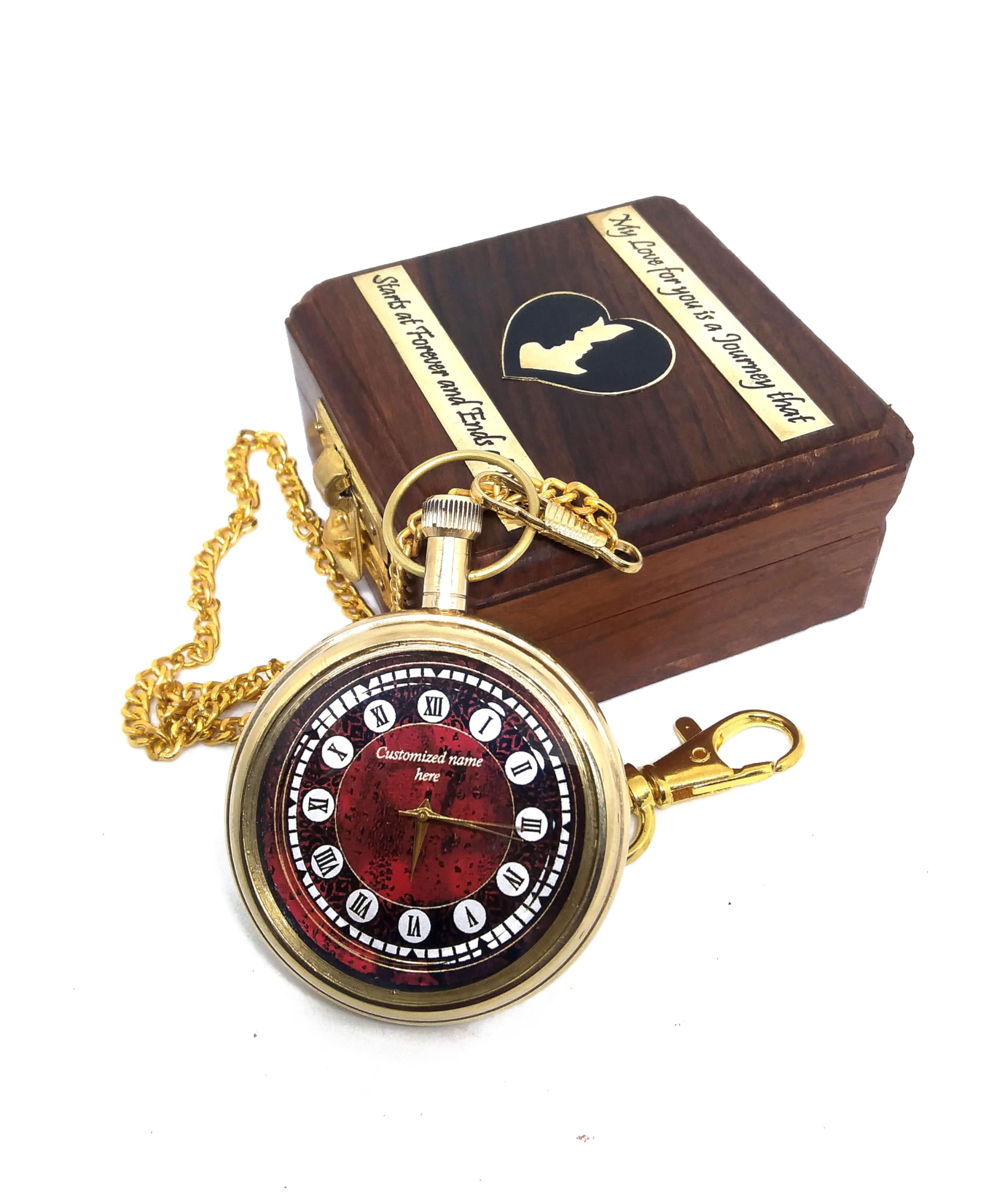 M.A & SONS Personalized Brass Pocket Watch Fully Customized Watch Chain and Wooden Box, Gandhi Watch Customized Engraved Special Gift for Dad, Husband Groomsmen, Anniversary Men/Women Best Gift