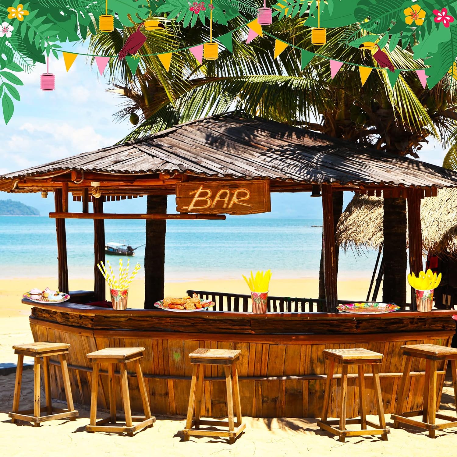 Frienda 130 Pcs Tiki Party Supplies Sets Hawaiian Party Decor Luau Plates and Napkins Party Supplies Tiki Tablecloth Aloha Tropical Plastic Cup Straw Knife Fork for Hawaii Summer Party, Serves 16