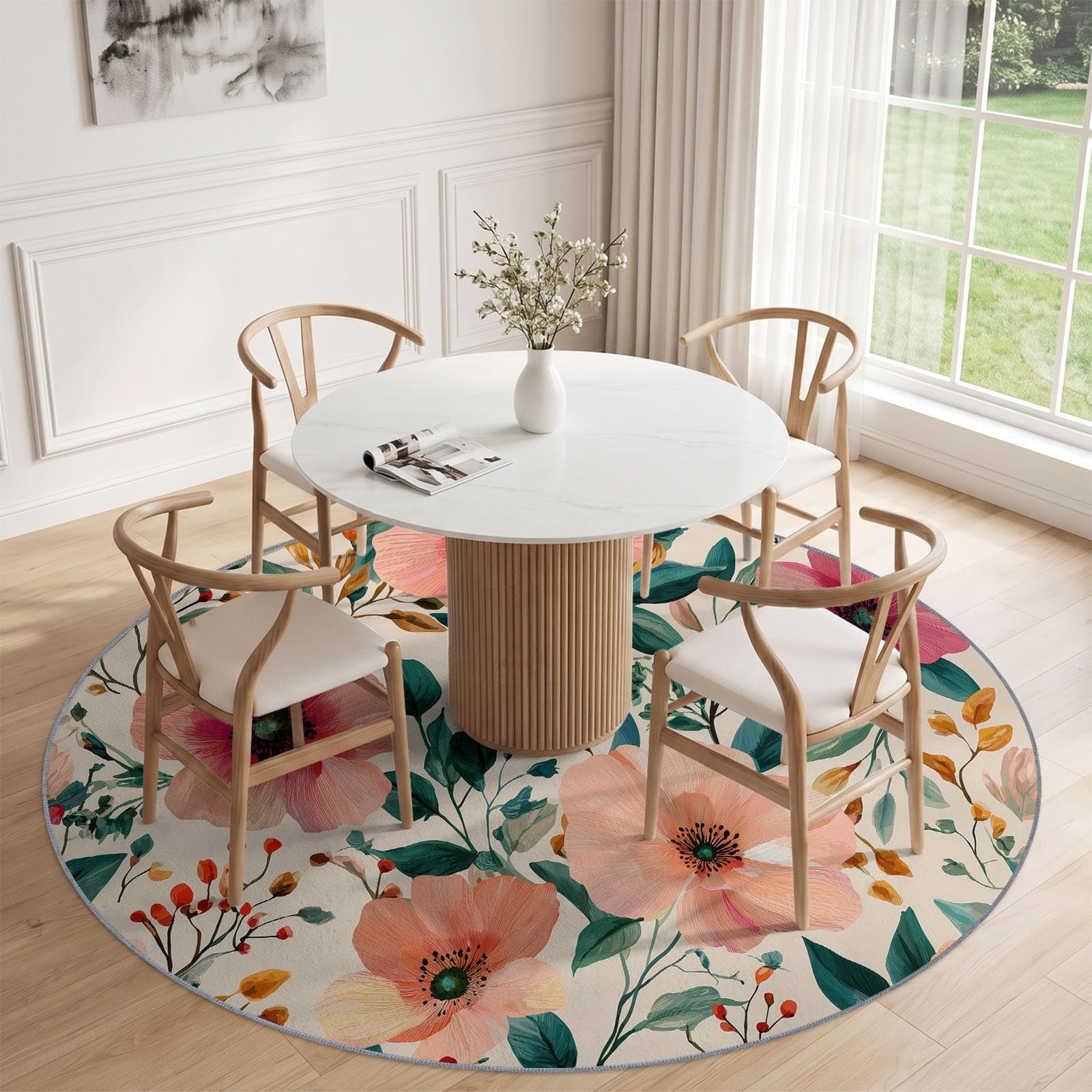 Générique Aquarelle Tapis Rond Salon 150 cm, Floral Feuilles Antidérapant Poils Courts Tapis De Sol Ronds Décoration, pour Salon Chambre Cuisine Balcon Terrasse, Beige