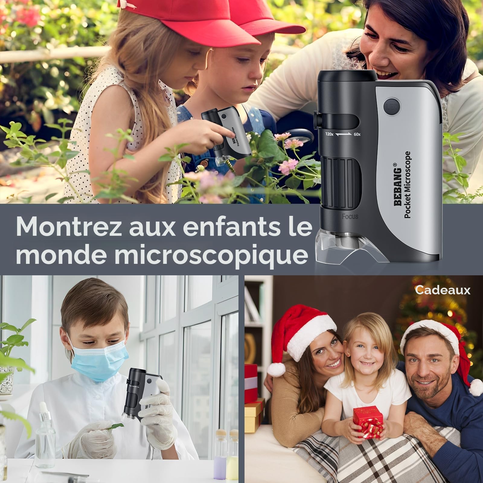 BEBANG Microscope de Poche Portable 60x~120x pour Enfants avec Zoom éclairé par LED, Microscope Portable pour Enfants, étudiants, Adultes (Noir (60X-120X))