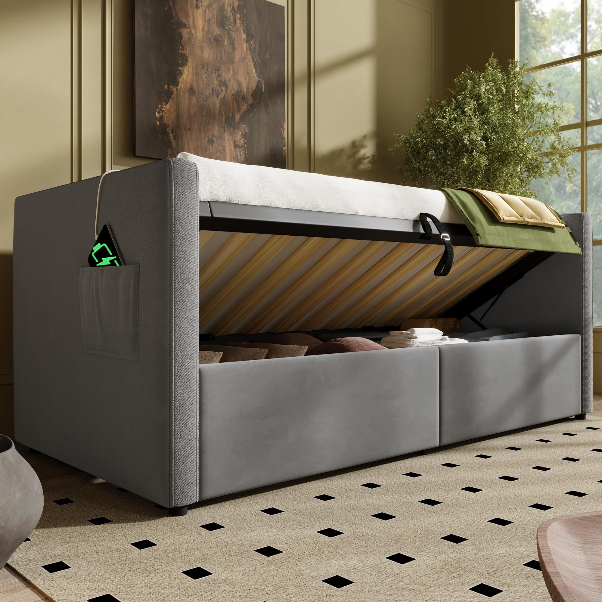 Schlafsofa Tagesbett 90x200 cm mit Aufbewahrungstasche und USB-Typ-C, Hydraulisches Bett mit Stauraum, Einzelbett Sofabett Bettgestell mit Lattenrost, Samt, Grau, Ohne Matratze