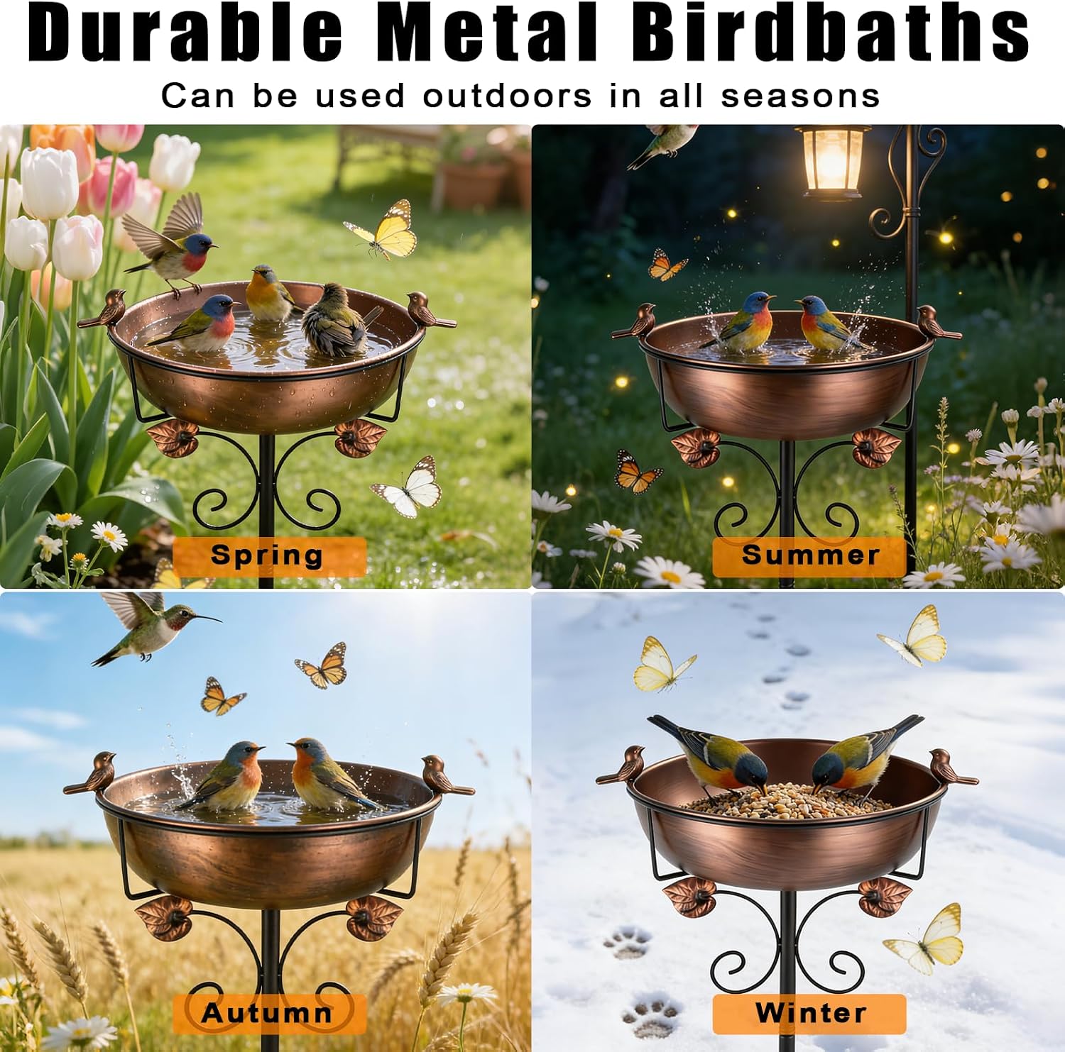 Bird Bath for Outside,3.15" Deep 38" High Metal Birdbaths for Outdoors,Removable 12" Dia Bowl with Sturdy 5-Pronged Base,1.5 Gallon Capacity,Suitable for Garden, Patio, and Lawn Decoration