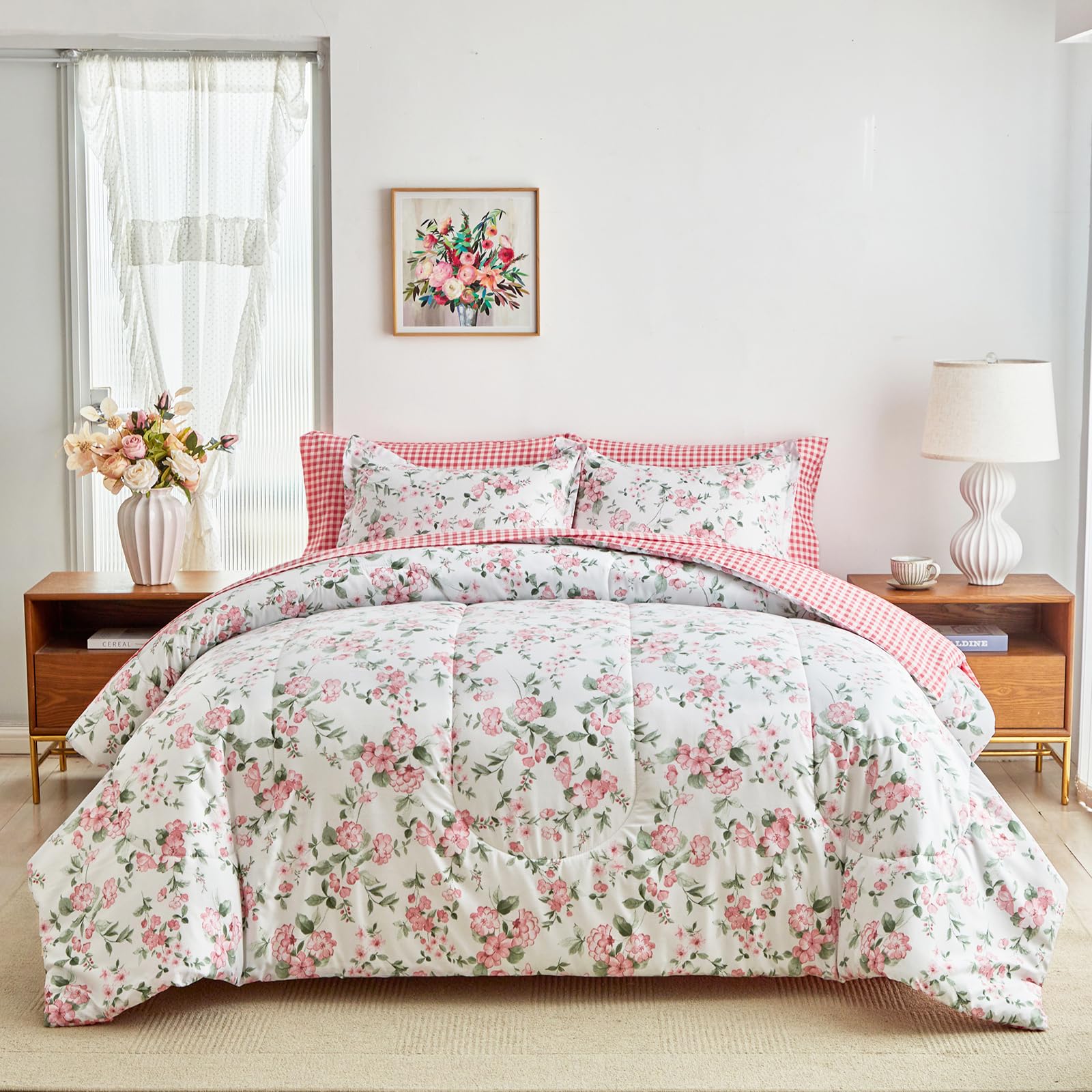 UOZZI BEDDING Bed in a Bag All Season Soft Microfiber Reversible Bed Comforter Set (1 Comforter 2 Pillow Shams 1 Flat Sheet 1 Fitted Sheet 2 Pillowcases) (Flowers 1, Queen-7 Pieces)