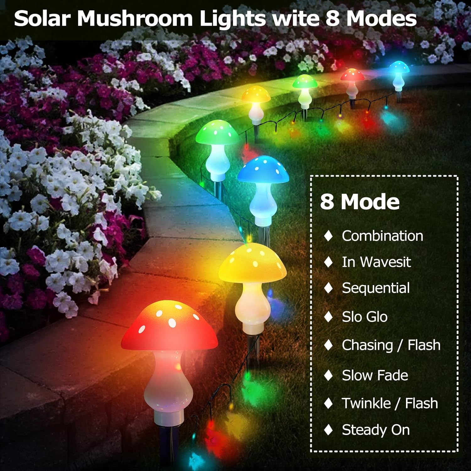 Upgraded Outdoor Solar Garden Lights, 8 Pack 50 LED Mushroom Outdoor 8 Modes 23ft Waterproof Solar Powered Landscape Cute Fairy String Light for Yard Patio Outside Decor（Multicolor）
