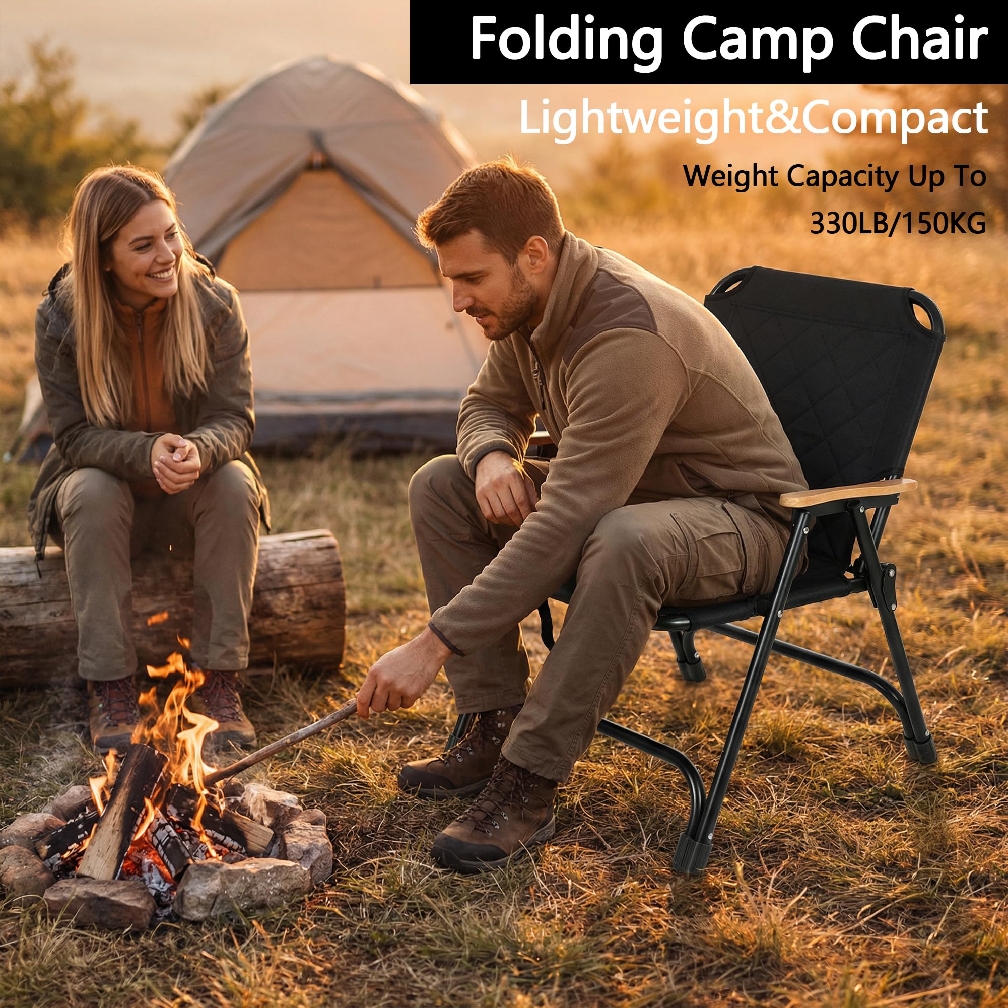 Campingstuhl 2er Set, Campingstuhl Faltbar 150 kg, Camping Sessel Klappbar Kleiner mit Kernbuche Armlehne, Campingstühle aus 600D Oxford-Gewebe, Picknick Stuhl für Camping Garten Terrasse (2, Schwarz)