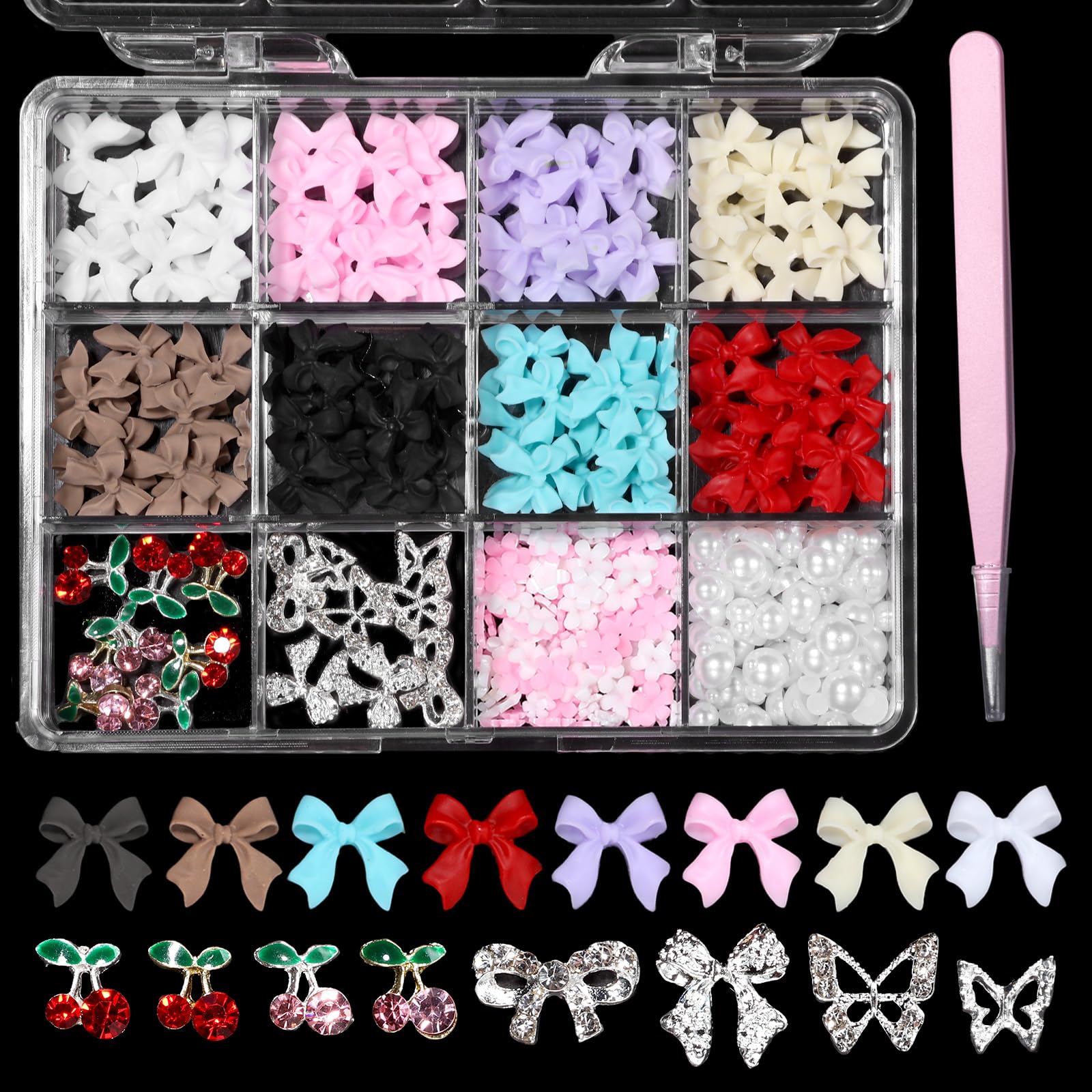 3D Bows Nail Charms, Pink Color White Red Black Bows Flowers Pearls Nail Charms, Mixed Color Nail Charms Butterfly Cherry Alloy Silver Nail Art Gems Charms for Nail Art Decor Accessories DIY