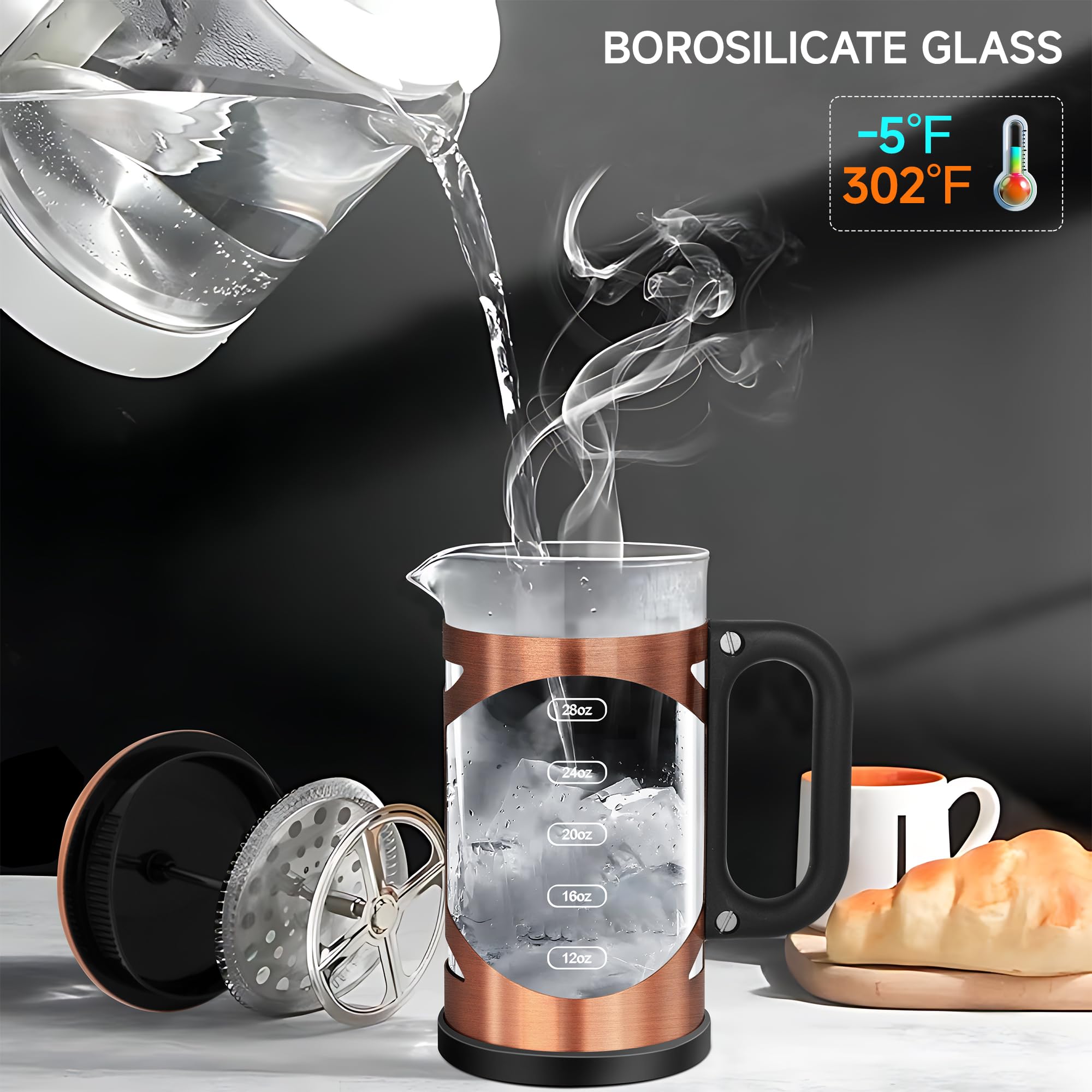 YMMIND Cafetera de prensa francesa de 34 onzas, prensa de café de acero inoxidable de cobre, con sistema de filtro de 4 niveles, vidrio de borosilicato de grosor resistente al calor, cafetera