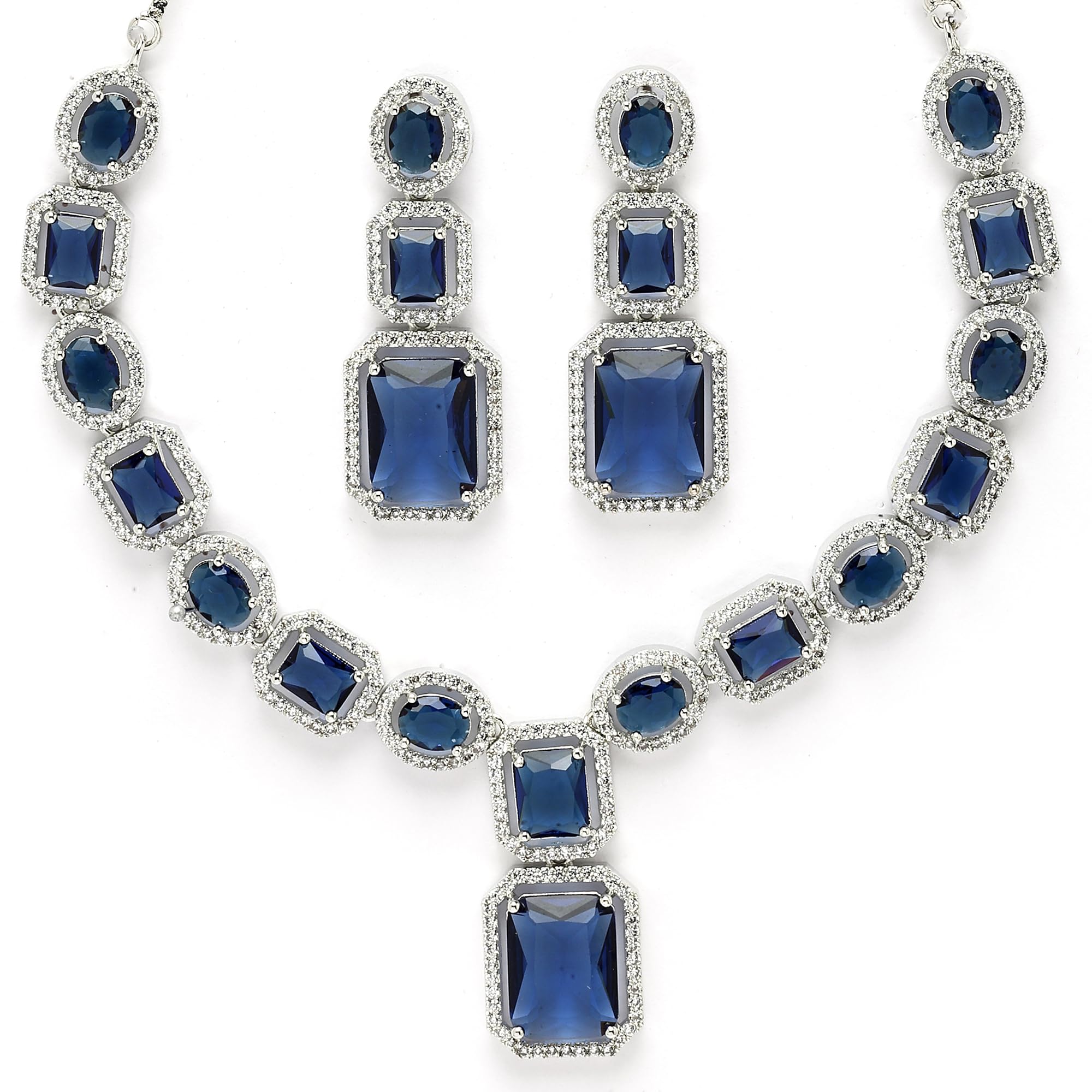 Jewellery Rhodium Plated Silver Blue American Diamond Studded Imperial Charm Necklace Jewellery Set For Women-image-42