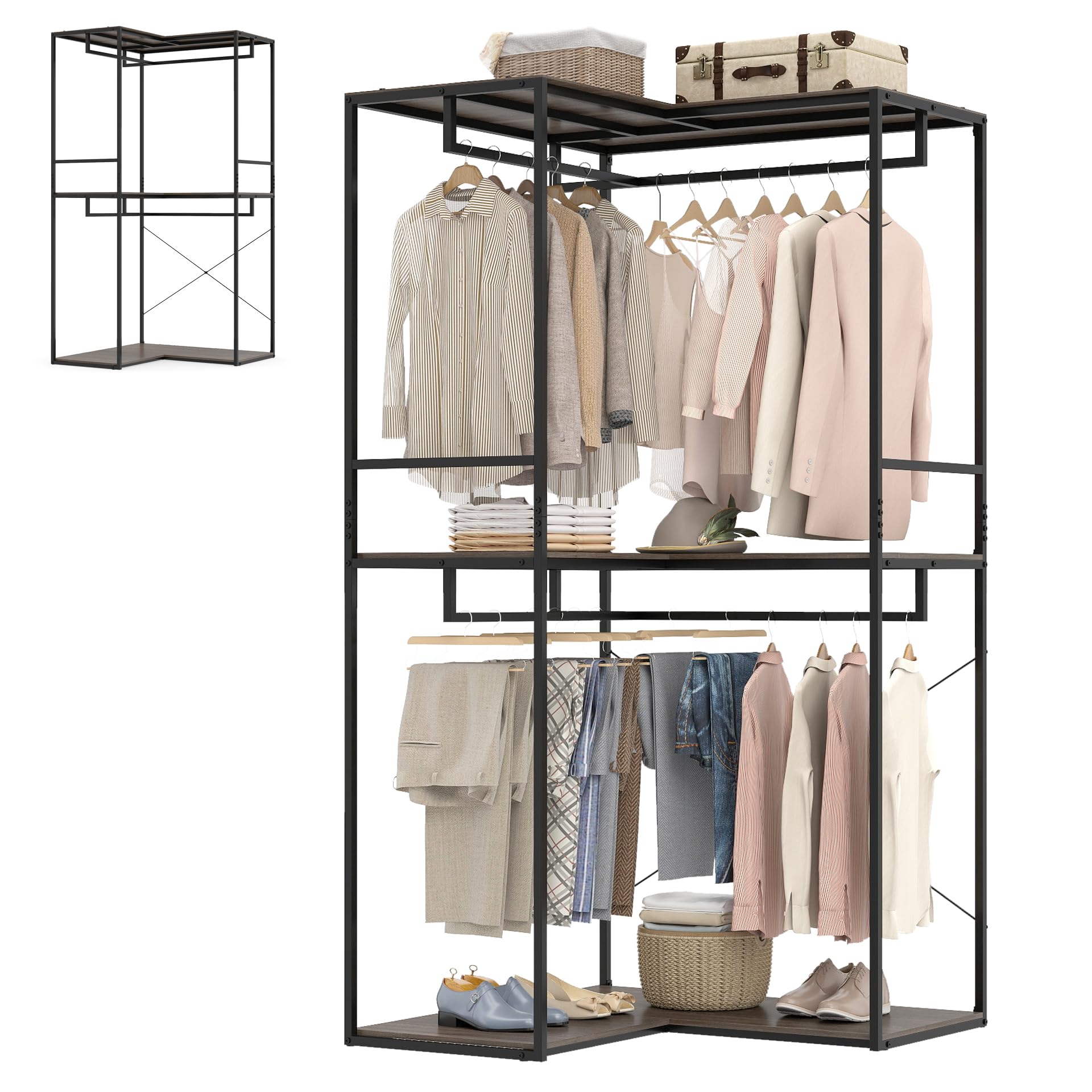 HOMASIS Stand Appendiabiti Angolare, Attaccapanni da Terra con 3 Ripiani Aperti, 4 Barre Portabiti, Guardaroba Industriale con Struttura in Metallo per Ingresso e Camera da Letto, 100 x 100 x 200 cm