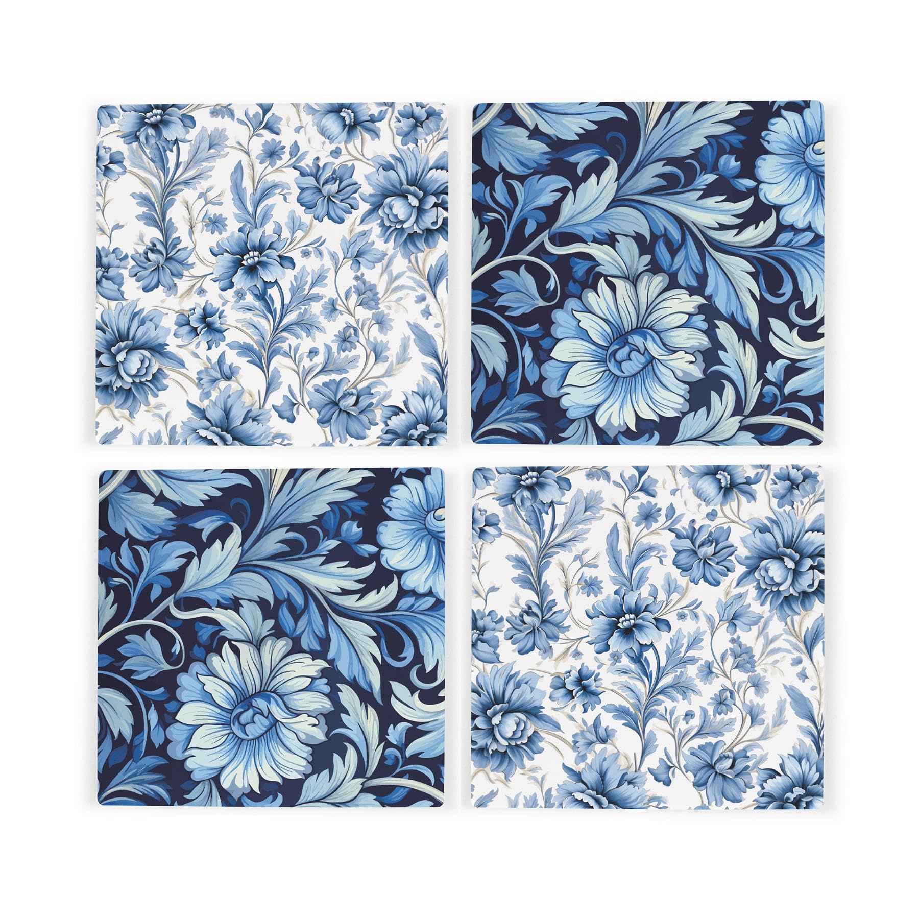 Purely Home Blue/White Greek Floral Ceramic Coaster Set - & Floral Square Set Of Four (4) Coasters Gift