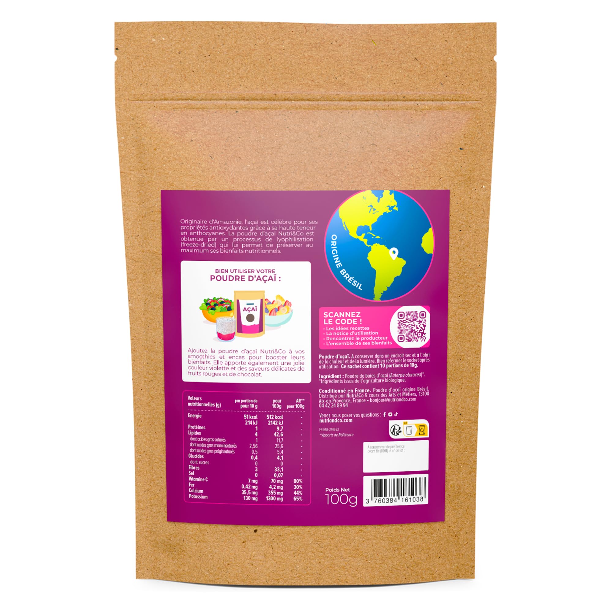 NUTRI & CO Açaï BIO en Poudre 100g - Naturellement Riche en Antioxydants, Vitamine C & Oméga 9 - Issue de l’Agriculture Durable et Équitable en Amazonie - Superaliment Lyophilisée Bio et Vegan