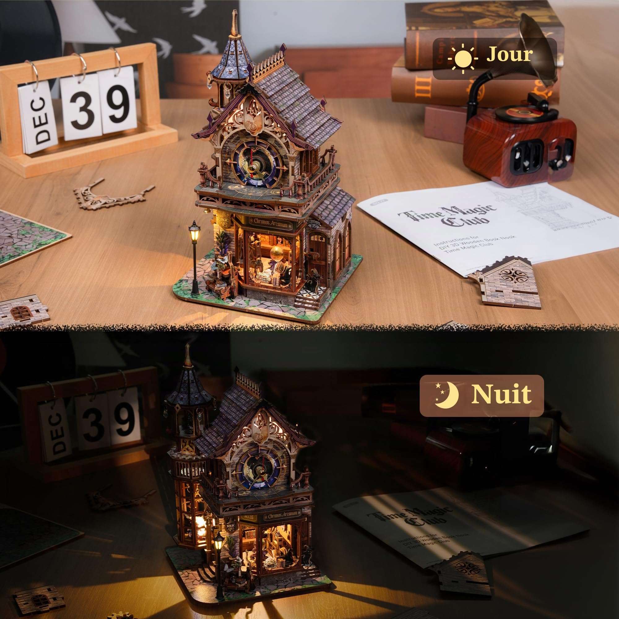 FUNPOLA Puzzle 3D en Bois LED Club de Magie du Temps – Modèle mécanique Dynamique, lumières et Mouvement, Kit Miniature DIY Tour d’Horloge Fantasy, Décoration pour Adultes et Adolescents（14+）