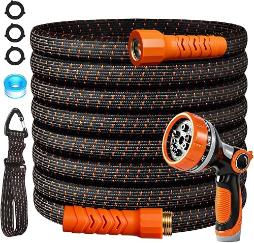30FT Flexible Garden Hose & 10Modes Nozzle,Lightweight Water Hose,Kink-Free,All-Weather 3/4 in. Hose for RV,Boat,Car Wash,Garden,Yard,Camper,Outdoor NoneExpanding (Orange-Black, 30 Feet)