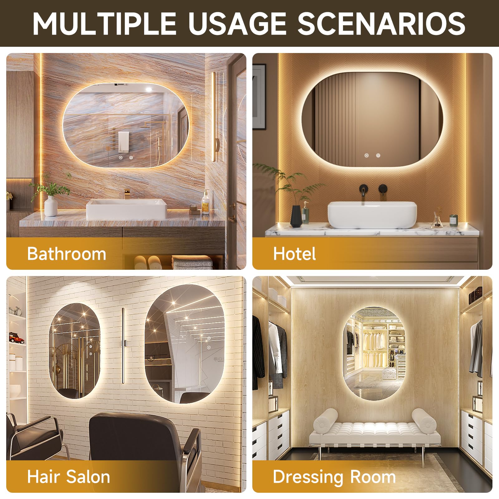 KLC 36 x 24 Inch Oval Backlit LED Bathroom Mirror, Wall Mounted Bathroom Vanity Mirror with Lights, Adjustable Lighting Colors, Anti-Fog, Memory Makeup Mirror Touch Switch