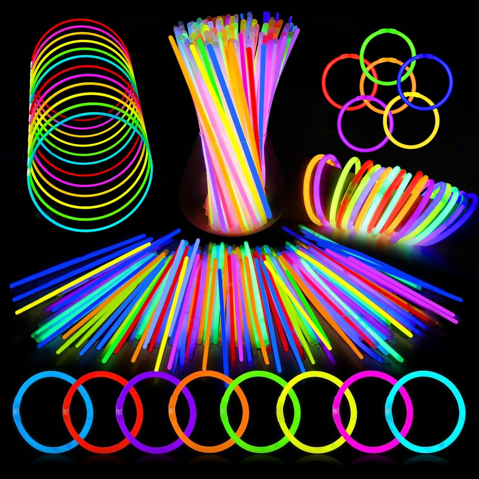 UooEA Bastoncini Luminosi Fluo 100 Pezzi - Regalini Fine Festa Compleanno, Braccialetti Fluorescenti con Connettori per Bambini Adulti, Party, Feste, Carnevale, Eventi Notturni