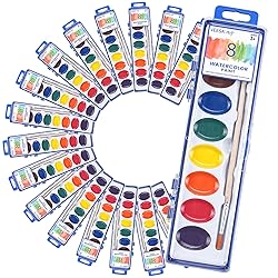 Watercolor Paint Set for Kids (8 Colors), 24 Pack Washable Watercolor + 24 Woodbrushes, Water Color Paint for Classroom, Party Favors and Art Activities