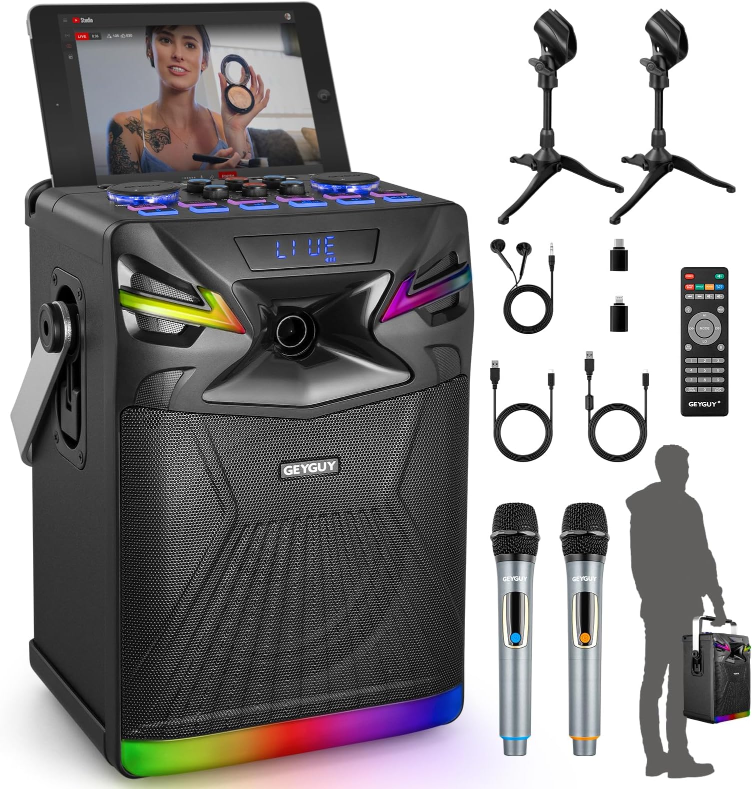 GPSK-1 DSP Bluetooth Karaoke Machine with 2 Microphones for Karaoke Parties a...