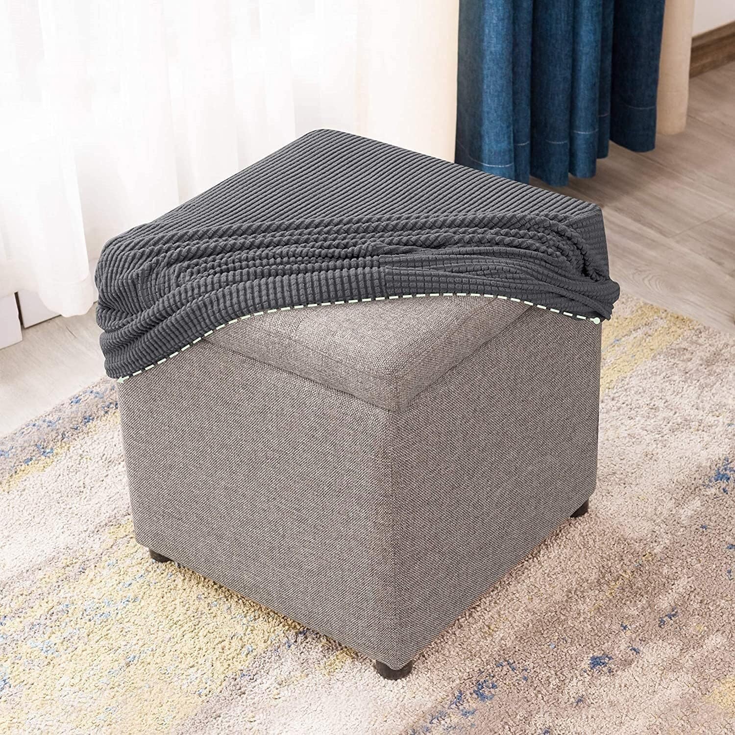 Uyeoco A Square Ottoman Slipcover Stool Covers Stretch Footstool Protector Covers With Elastic Bottom, Feature Textured Checked Fabric Machine Washable(,38X38cm)