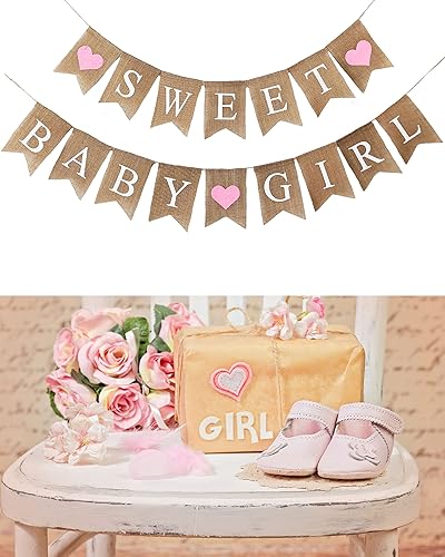 Miniatura 4 de Cartel de arpillera para bebé niña para decoración de baby shower y fiesta de revelación de género (corazones rosa claro)