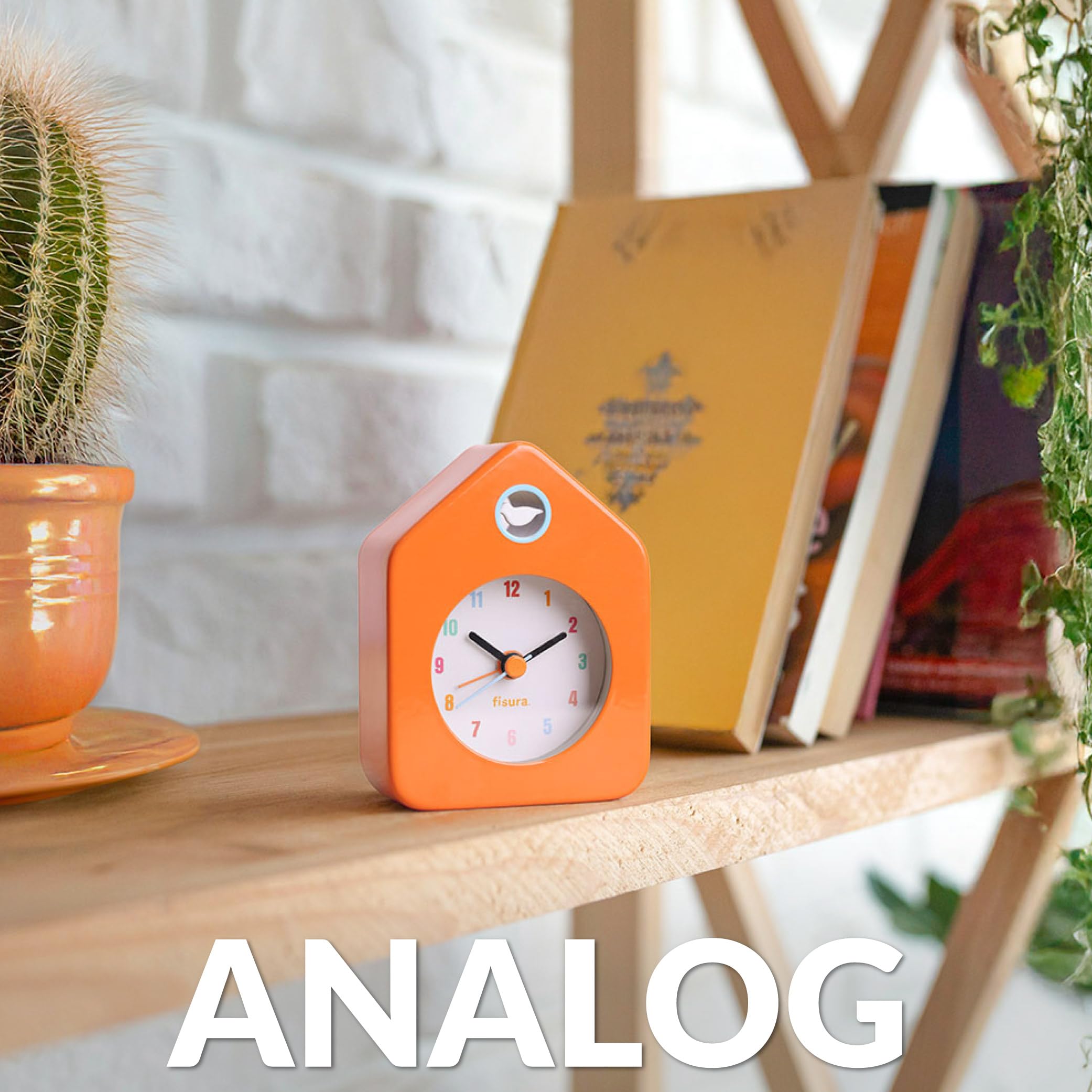 Fisura – Mini budzik w kształcie domku, pomarańczowy. Cichy zegar analogowy bez tykania. Kompaktowy alarm o oryginalnym designie. Wymiary: 9,7x7,3x4,5 cm. 1 bateria AA.