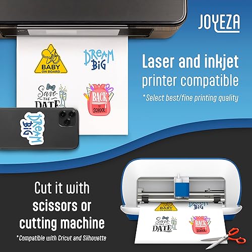 Miniatura 6 de JOYEZA Papel adhesivo de vinilo imprimible de alta calidad para impresora de inyección de tinta, 25 hojas brillantes + 25 hojas translúcidas, blanco