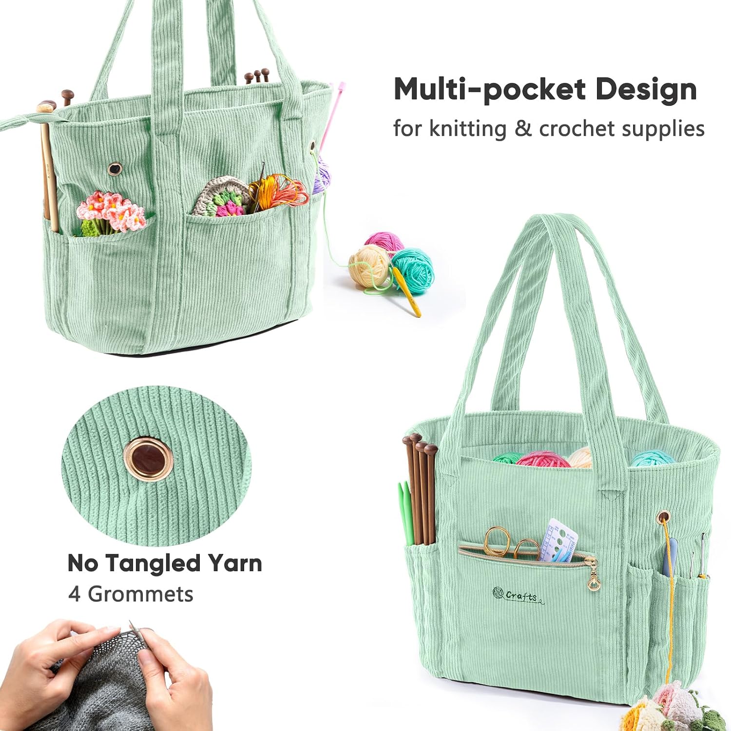 MYBAGZING Corduroy Crochet Bag 11.5" Large Yarn Storage Tote with Grommets, Needle Holders – Knitting Bag Organizer for Crochet Hooks, Accessories, Tools & Projects –Gift for Knitters & Crafters