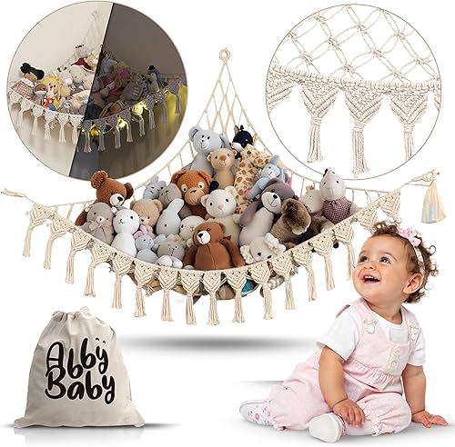 Miniatura 2 de Hamaca extragrande para animales de peluche con luces LED, 100% algodón natural, red de almacenamiento de juguetes de macramé para peluches y