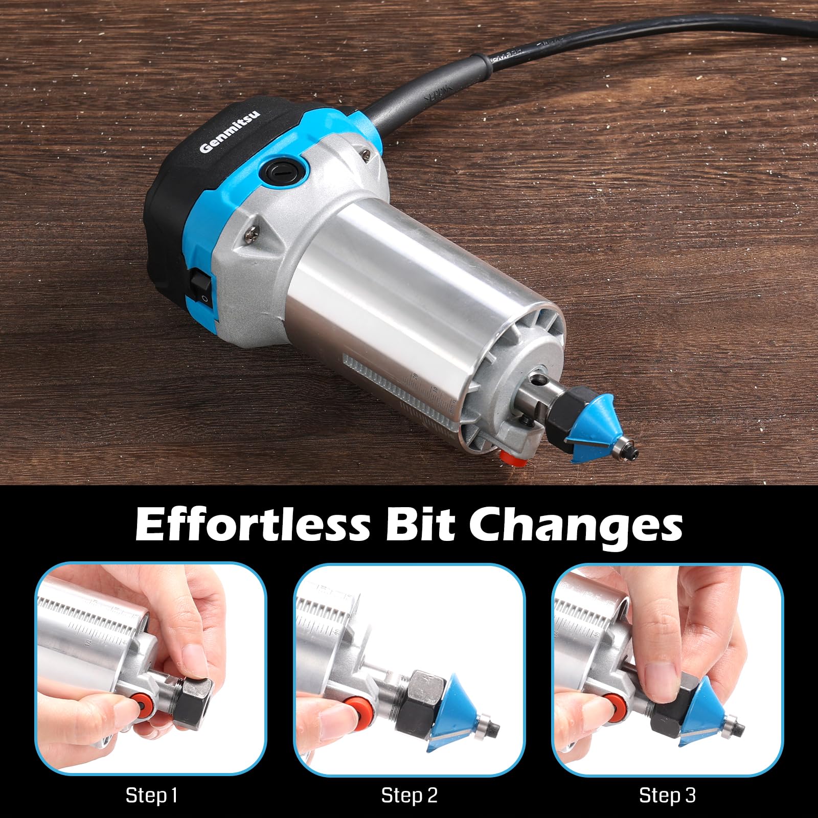 Genmitsu 1.25 HP Fresadora, Herramienta compacta para madera con base fija, 6 velocidades variables 10000-30000 R/MIN, con 1/4" Collet, perfecto para CNC y proyectos DIY