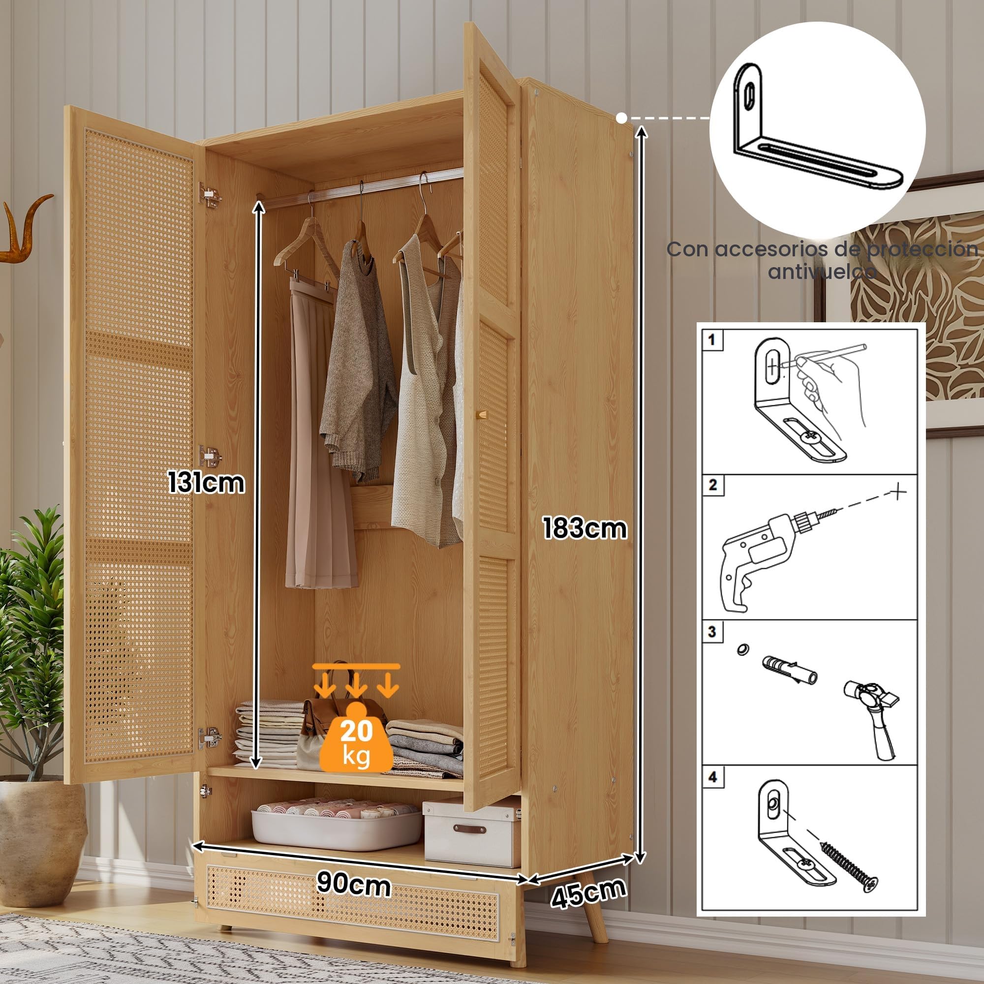 Azkoeesy Armario de dos puertas de ratán trenzado con base abatible multiusos, barra metálica, alta transpirabilidad, 90 x 45 x 183 cm, natural, ideal para dormitorio y salón