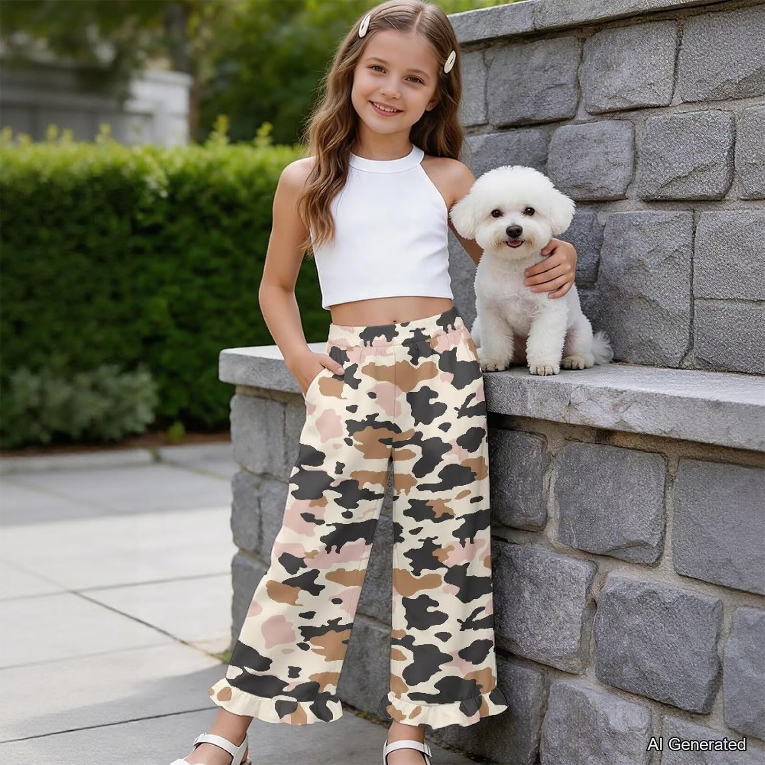 Wanyint Girls Ruffled Pants Long Trousers Track Pants with Pockets Wide Leg Trousers Y2K Fashion Outfits for 5-14 Years
