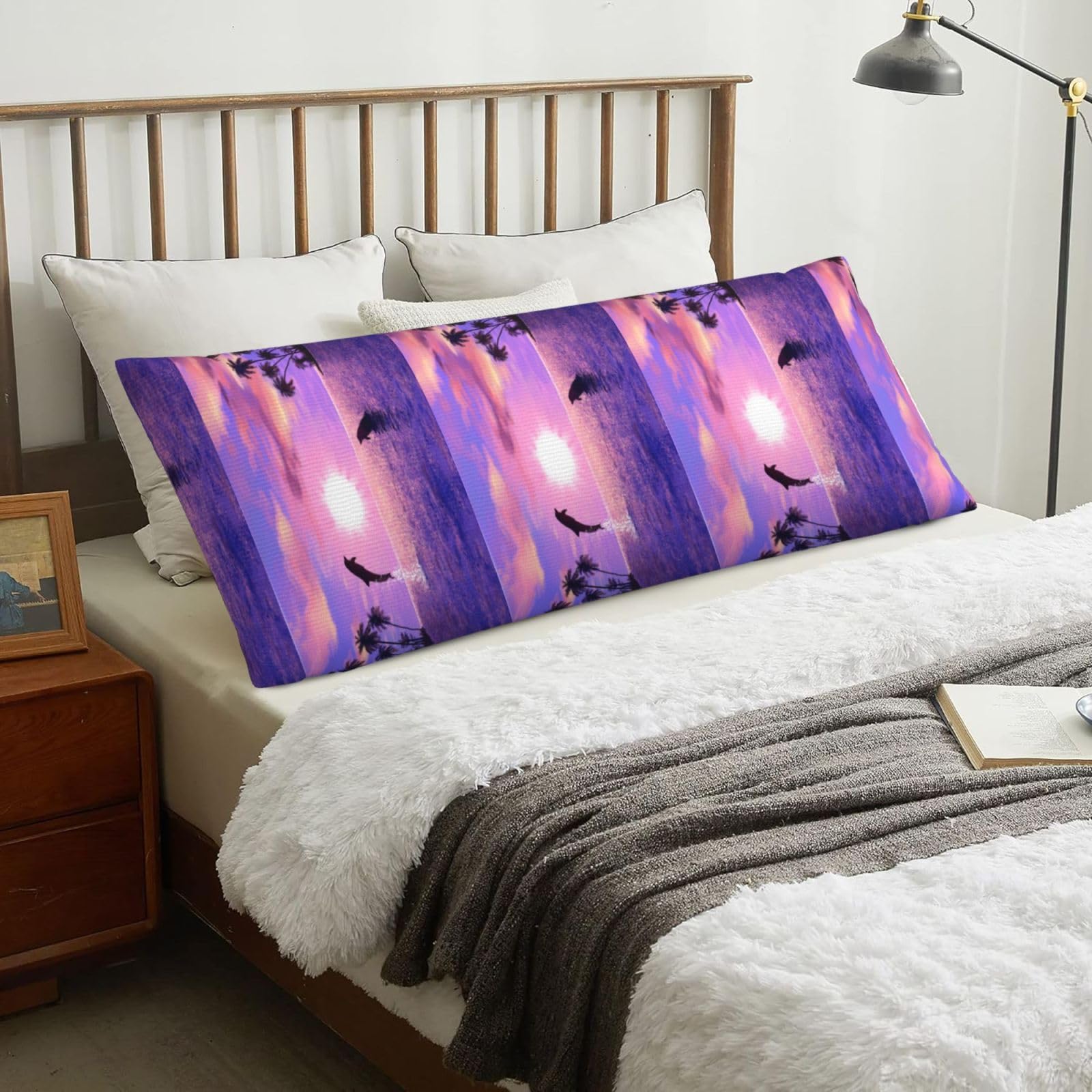 Sunset Dolphins, Body Pillow Cover with Zipper,Long Body Pillowcase 20 x 60 in