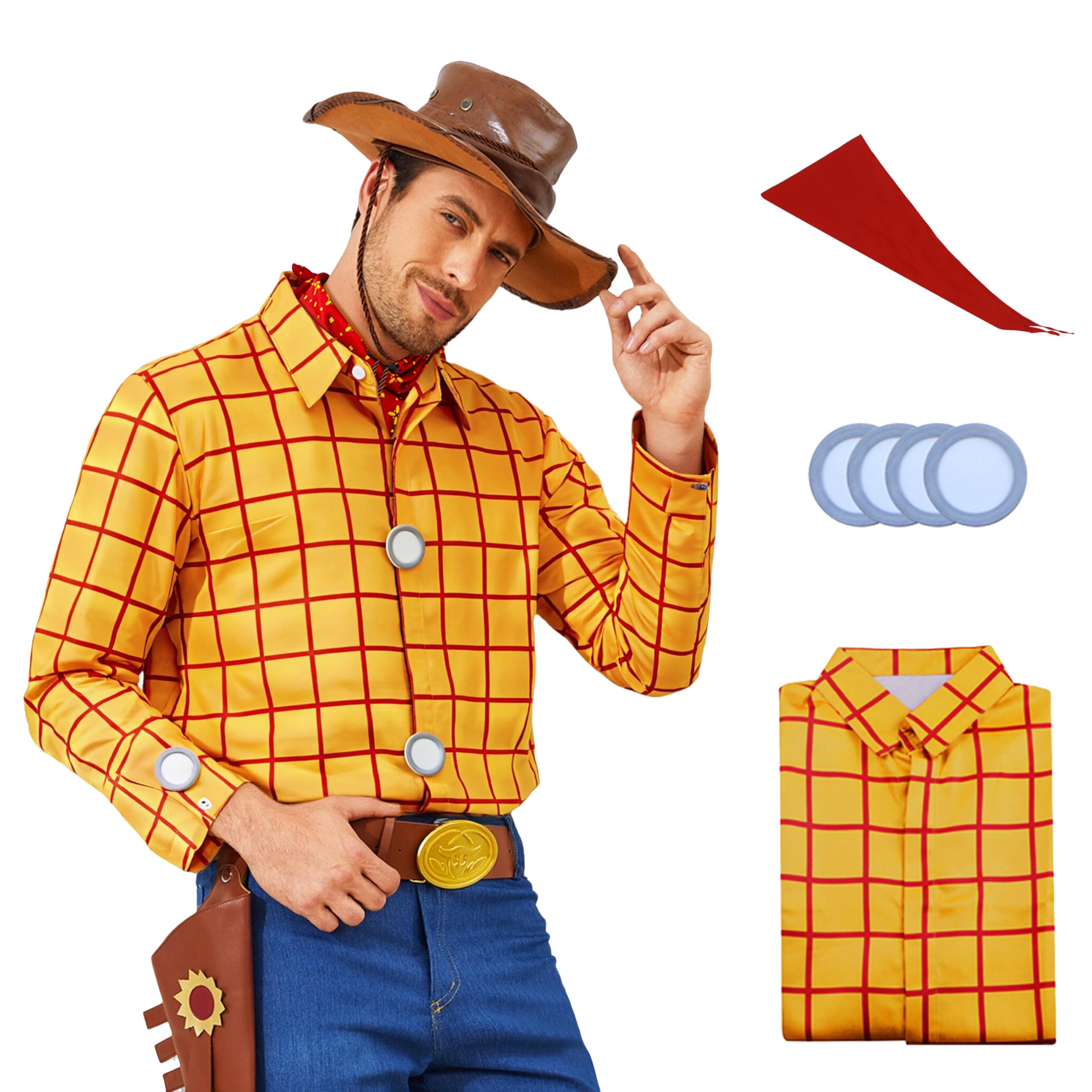 PAINEOMN Cowboy Shirt for Men Cow Print Vest Halloween Cosplay Costume Adult Long Sleeves Plaid Button Down Shirt, Shirt, XXX-Large