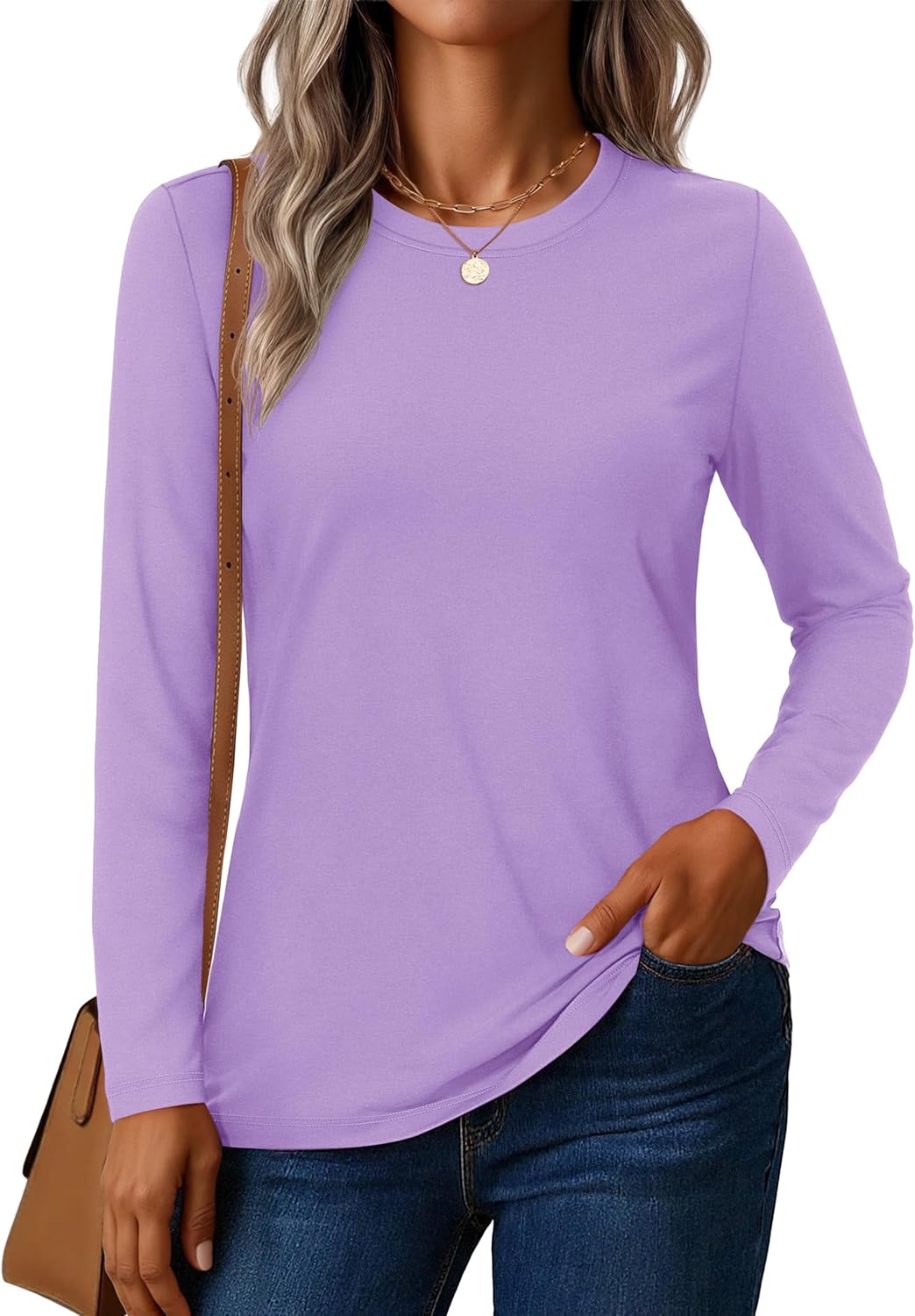 YUCOLEN Women's Cotton Long Sleeve Shirts Crewneck Cotton Basic T-Shirt Solid Color Soft Comfy Casual Tops Tees for Women