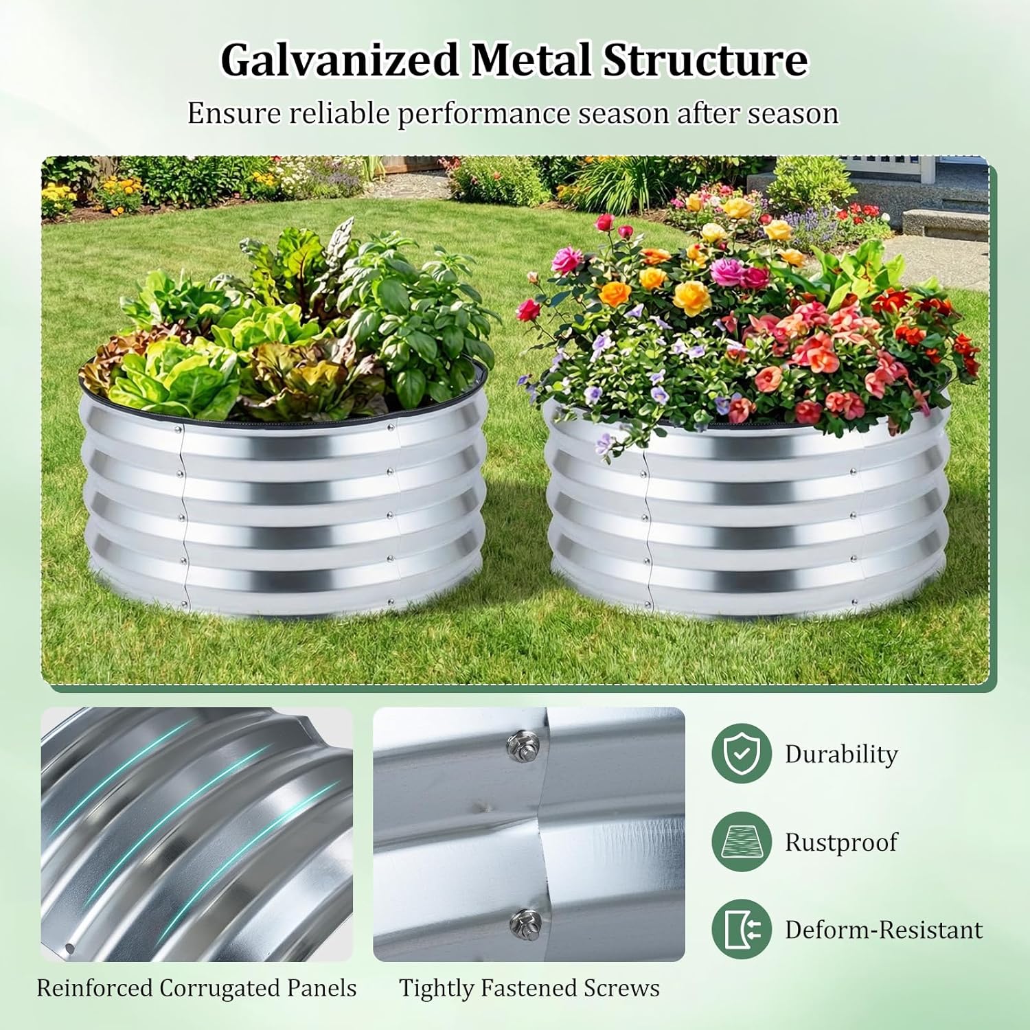 Giantex 2 Pack Galvanized Raised Garden Bed Kit, 2x2x1 FT Round Large Metal Planter Boxes w/Open-Ended Base for Vegetables Flowers Fruits Herbs, Easy Assembly, Outdoor Corrugated Raised Beds, Silver