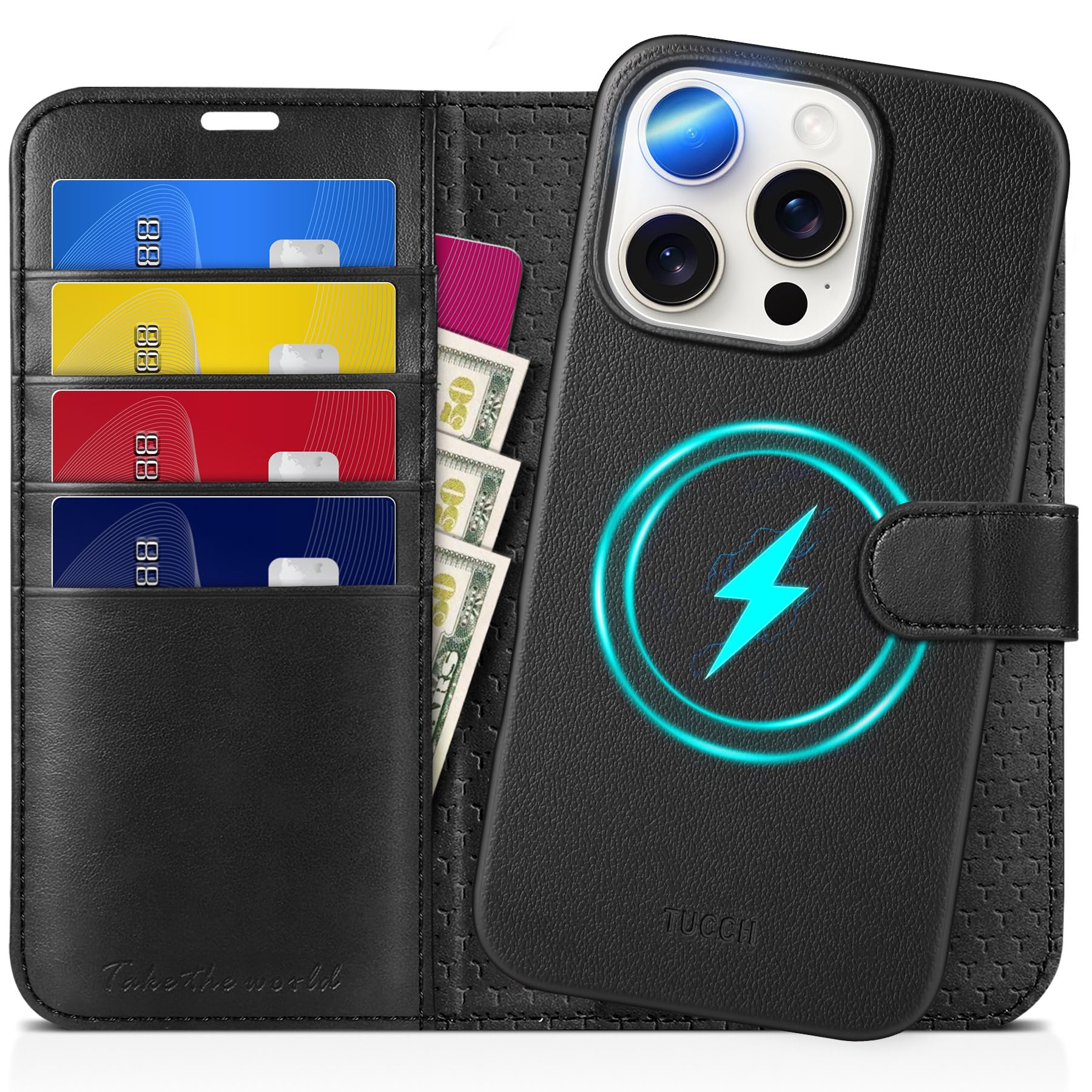 TUCCH Case Wallet for iPhone 16 Pro, [Detachable] Kickstand RFID Blocking 4 Card Slot Shockproof Wireless Charging Case, PU Leather Magnetic Removable