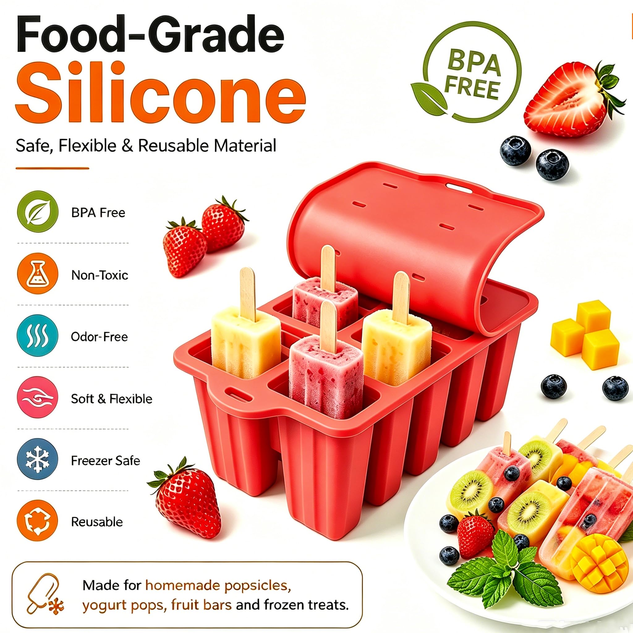 Stampi Ghiaccioli, Silicone Stampi per Gelato senza BPA,Stampo di gelato,Stampi Gelato Stecco,Stampi per Ghiaccioli in Silicone,Formine Ghiaccioli Riutilizzabili,Ghiaccioli Stampo