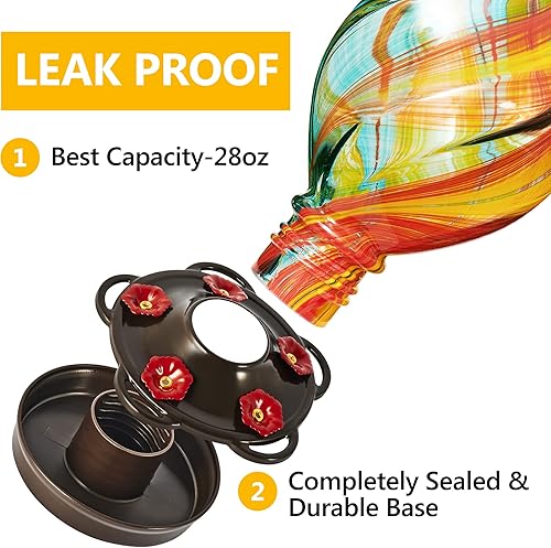 Miniatura 15 de LUJII Comedero en espiral en forma de helado para colibríes, vidrio soplado a mano, 28 onzas líquidas, a prueba de fugas y a prueba de óxido, Rojo