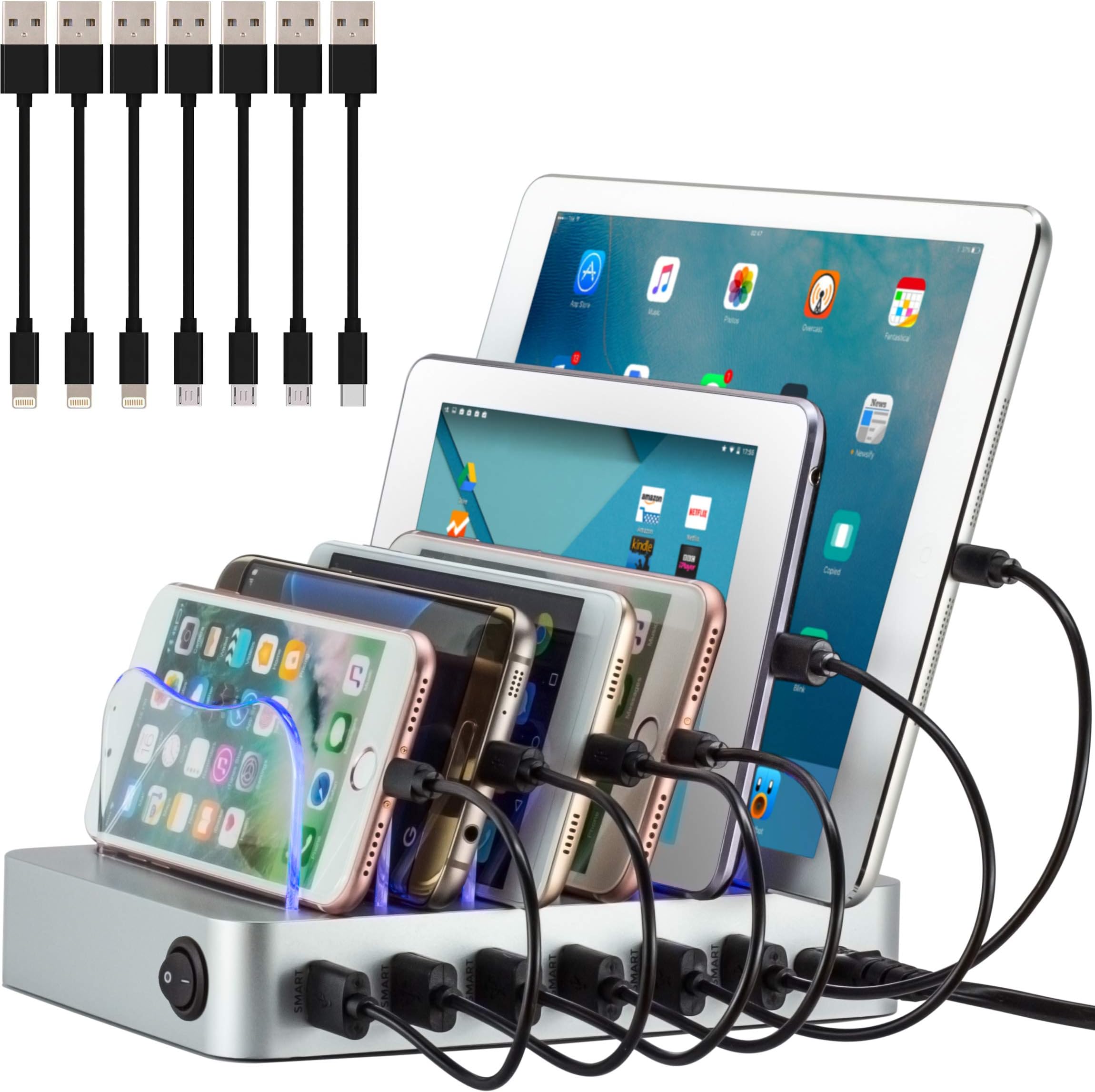 Charging Station for Multiple Devices, Certified 6 USB 50W 10A Fast Charging Dock, Non-Slip Surface, Smart Phones, Tablets, Watch, Other Electronics Organizer