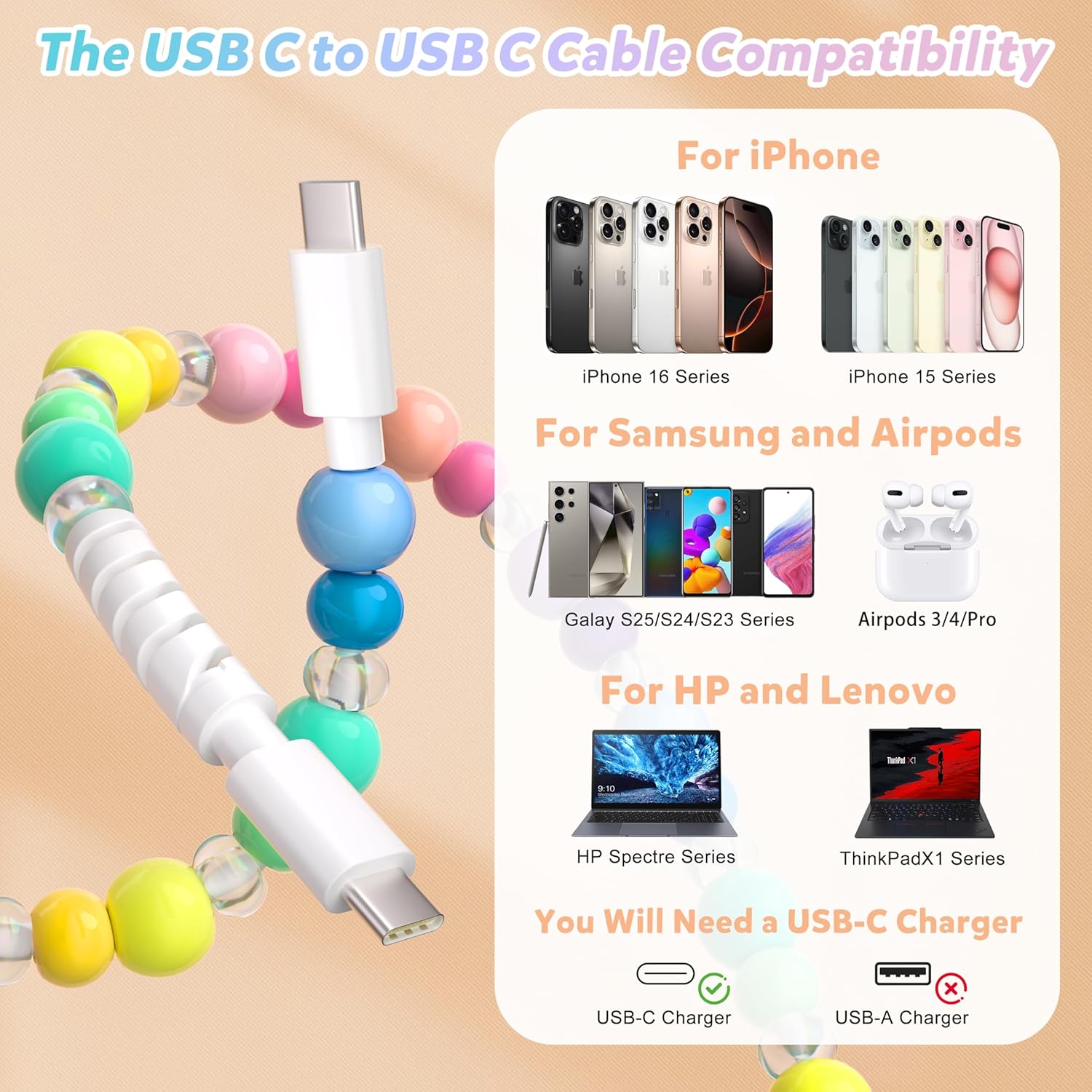 USB C to USB C Cable 3FT Colorful Candy Beaded USB Type C Cable for iPhone 17 16 15 Plus Pro Max 17 Air 16E iPad 10th A16 Pearl Type C Car iPhone Charger Fast Charging Cable for Samsung Galaxy S25 S24 - Image 4
