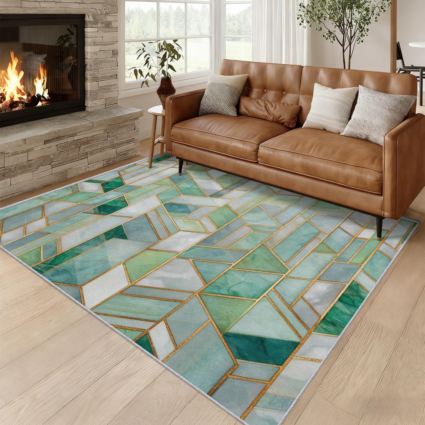 Générique Tapis Geometrie Verte 60x90, Lavable Poils Ras