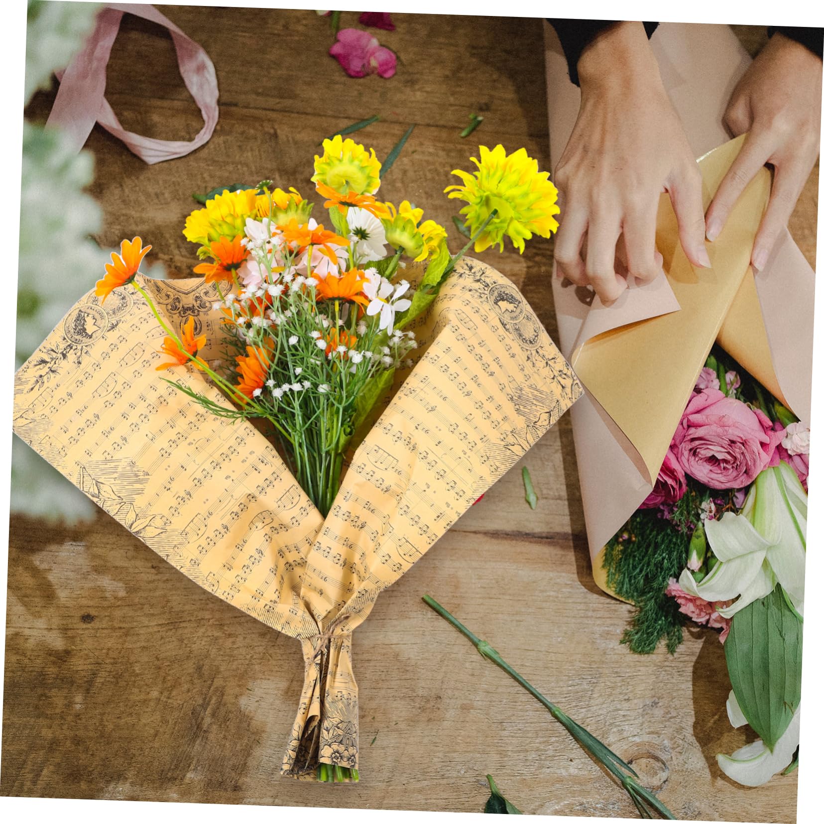 Gatuida Carta da Regalo Vintage per Bouquet di Fiori Note Musicali Nere, Set da 20 Fogli in Carta Kraft Resistente, Confezionamento Floreale per Regali Natalizi e Festività