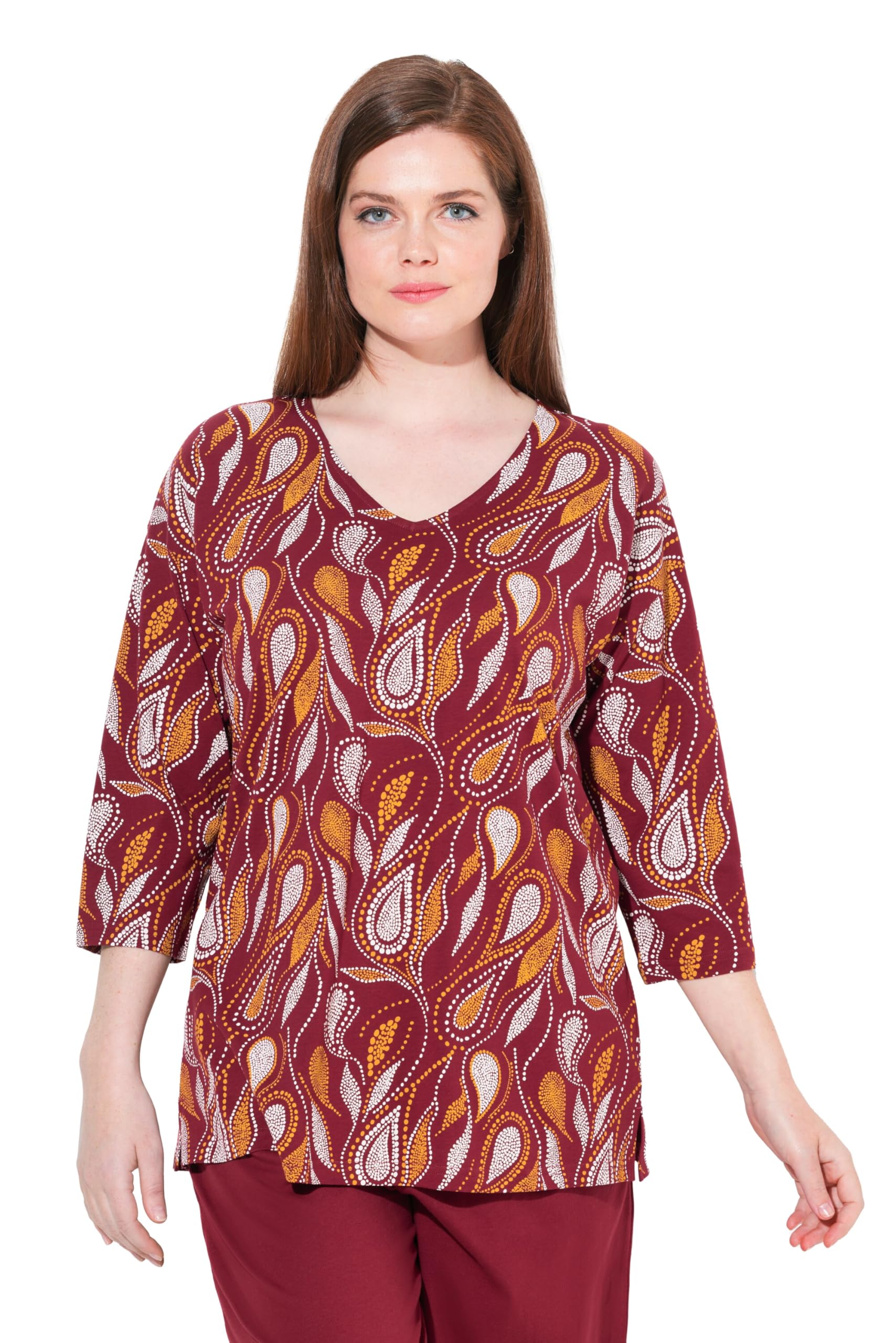 Ulla Popken Damen große Größen Übergrößen Plus Size Pyjamashirt, Paisley, V-Ausschnitt, 3/4-Arm, Biobaumwolle 843047