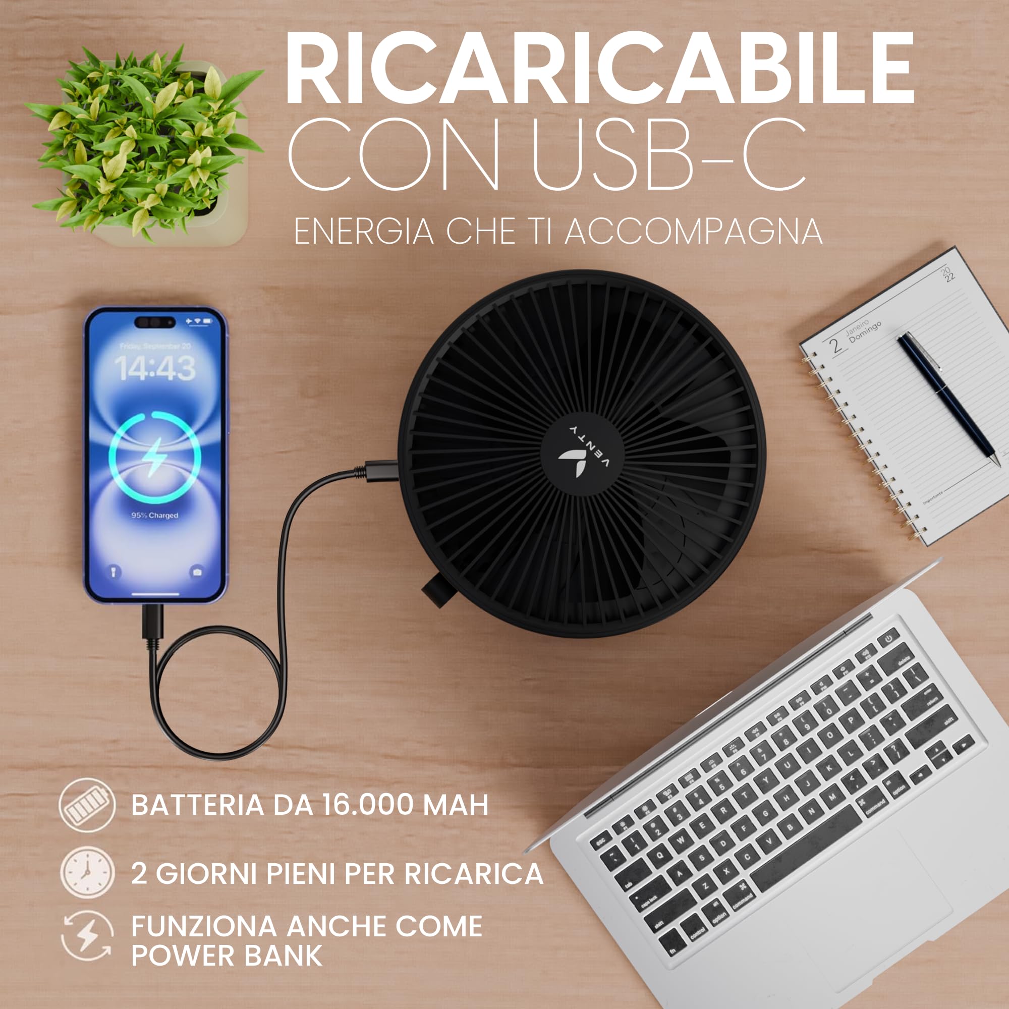 VENTY Ventilatore Portatile a Batteria Ricaricabile - Ventilatore Pieghevole con Custodia da Trasporto, Porta Usb e Telecomando - 4 Velocità, Compatto e Regolabile per Tavolo, Campeggio, Scrivania
