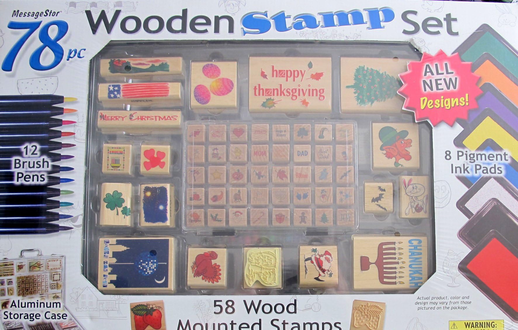 MessageStor WOODEN STAMP Set"HOLIDAYS" 78 Pieces w 58 WOOD Mounted STAMPERS, 8 INK PADS, See Thru ALUMINUM STORAGE CASE & More (2005)