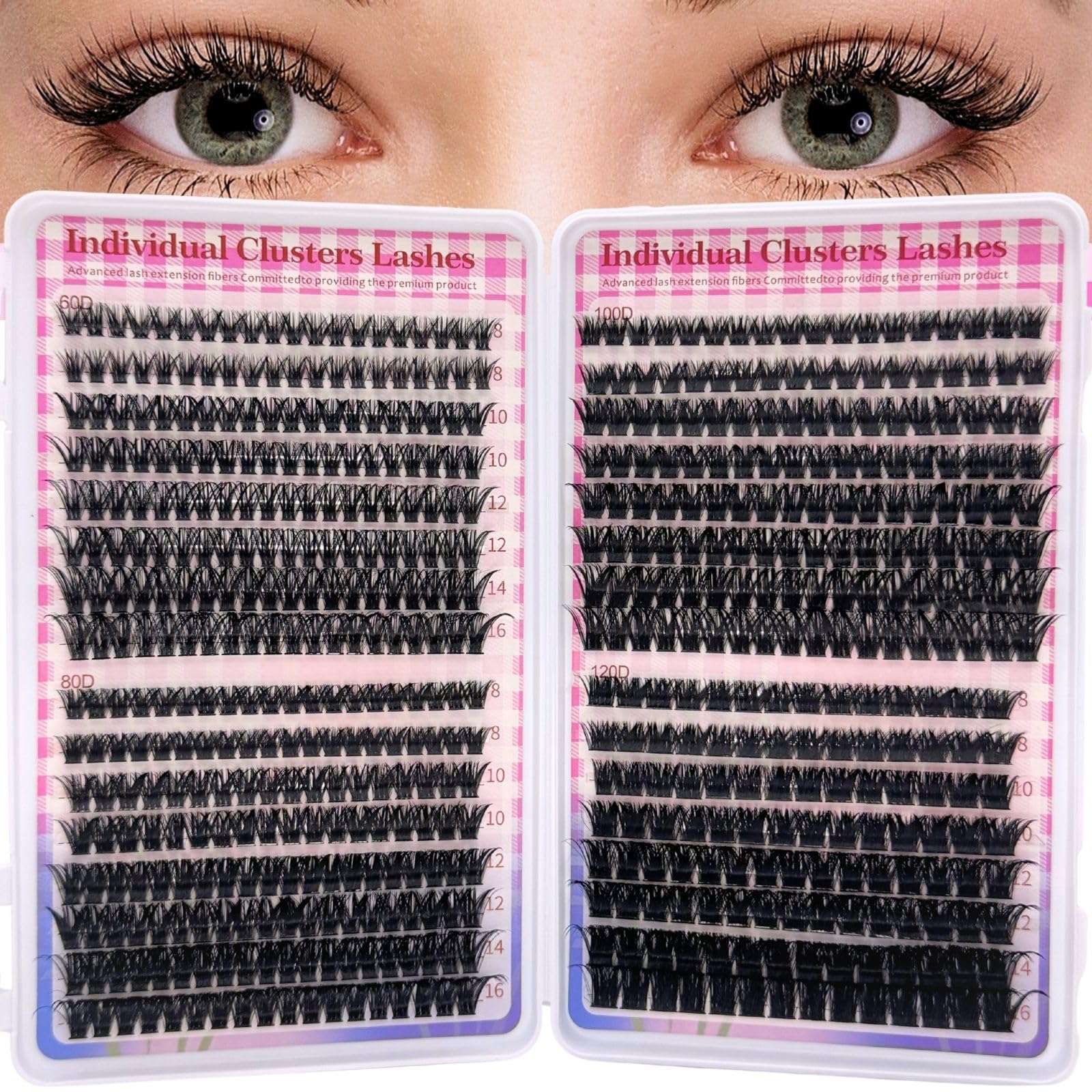 LUFFLOK Wimpern Cluster 640 Pcs, 60D+80D+100D+120D Lash Extension Set, Wimpernverlängerung 8-16mm D Curl DIY Cluster Wimpern Extensions Mega Volumen Wiederverwendbare Einzelne Fake Lashes