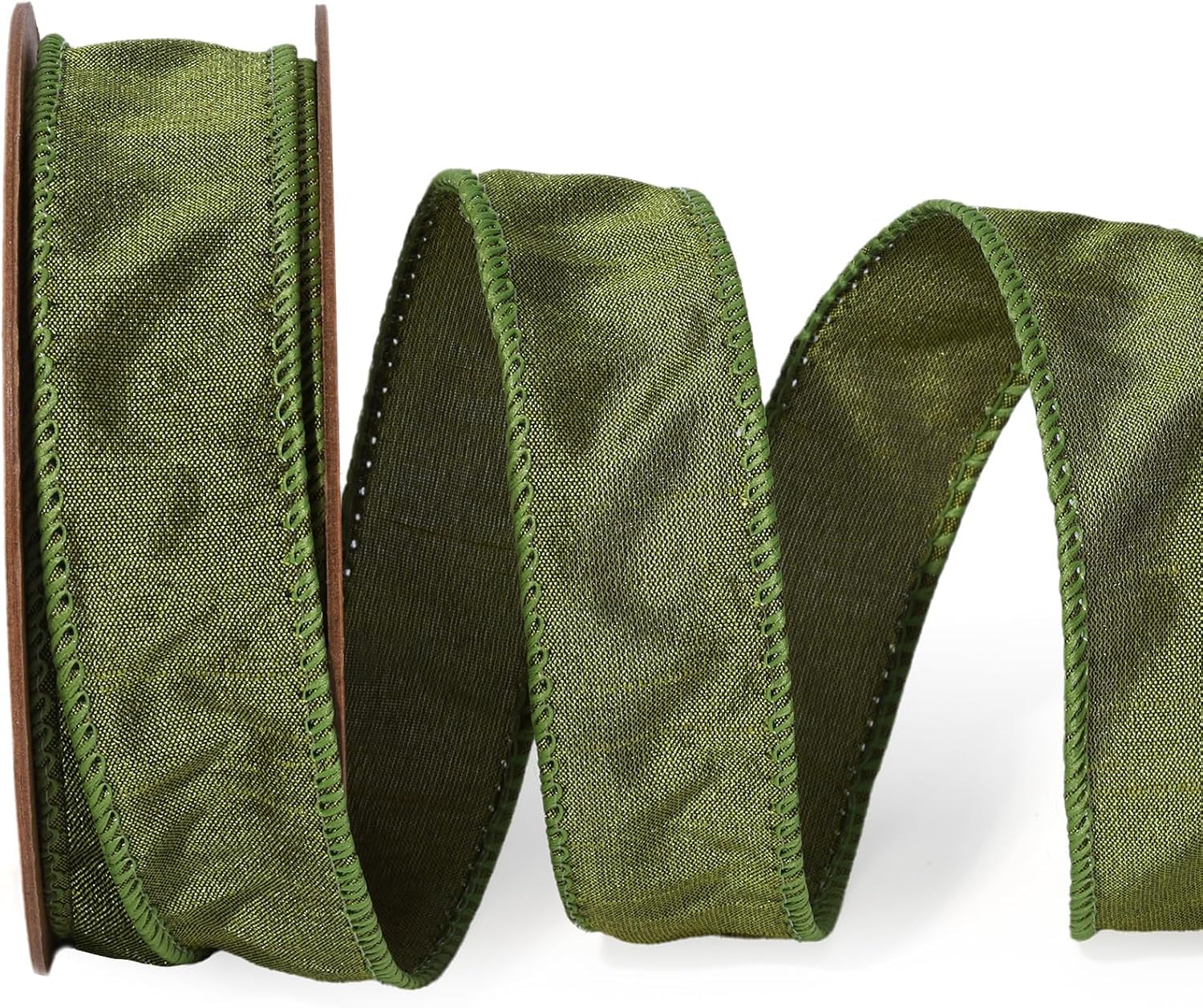 LaRibbons Moss Green Ribbon Wired Christmas Fall Dupioni, 1" x 10 Yards