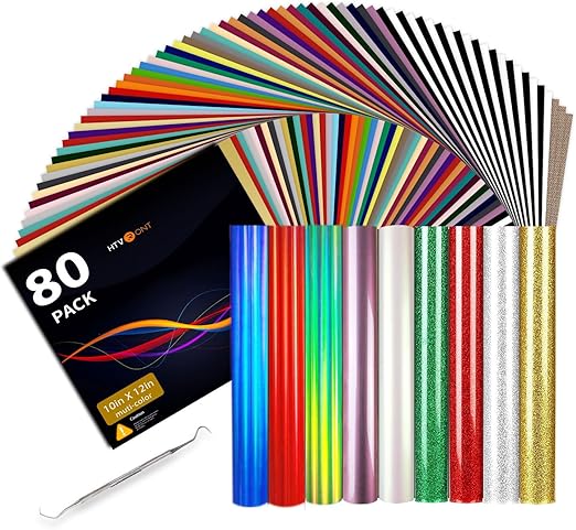 HTVRONT HTV Heat Transfer Vinyl Bundle: 80 Pack 12" x 10" Iron on Vinyl for T-Shirt, 39 Assorted Colors with Vinyl Accessories Tweezers for Silhouette Cameo or Heat Press Machine