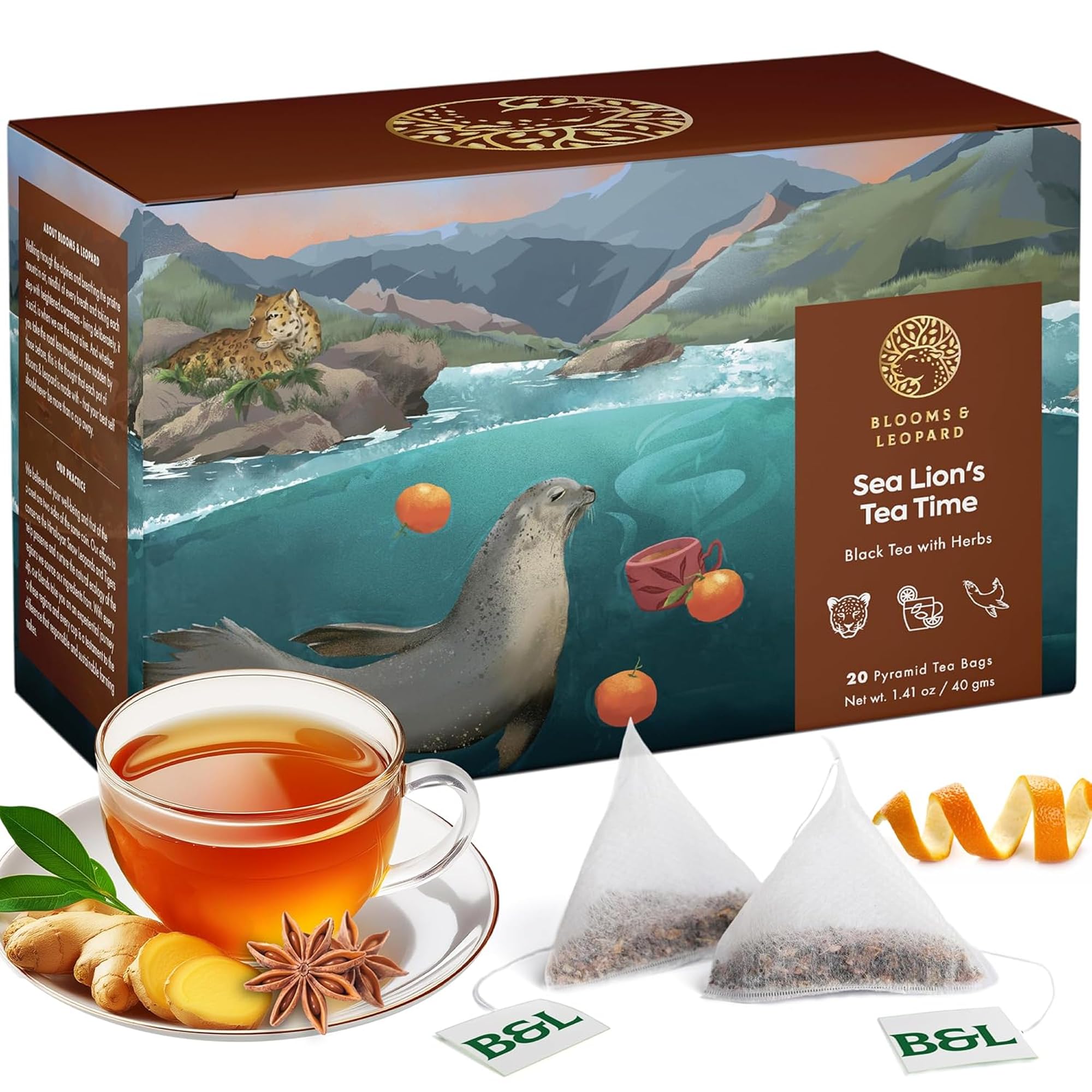 Blooms & Leopard Premium Black Tea Bags – Sea Lion's Tea Time Blend with Cardamom, Clove, Cinnamon, Ginger, and Black Pepper – 20 Individually Wrapped