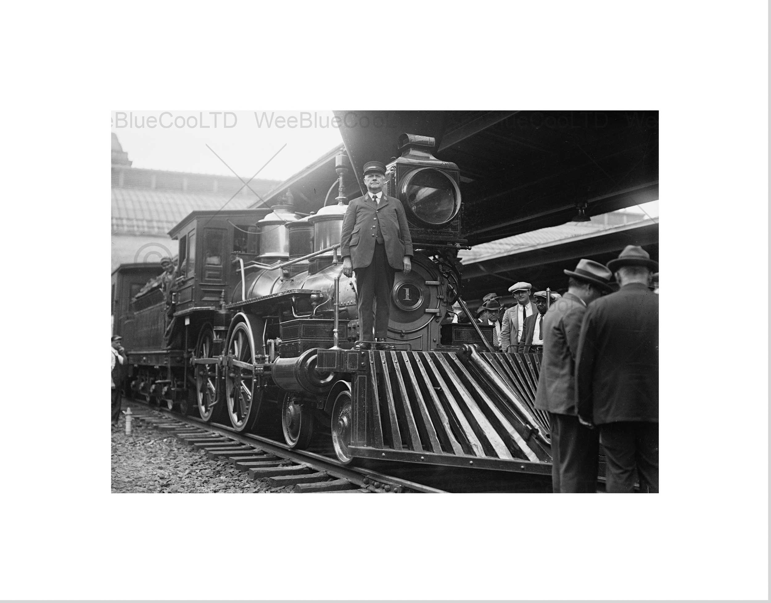 Wee Blue Coo Photo Black White Train Conductor Steam Engine Black Framed Art Print B12X9991